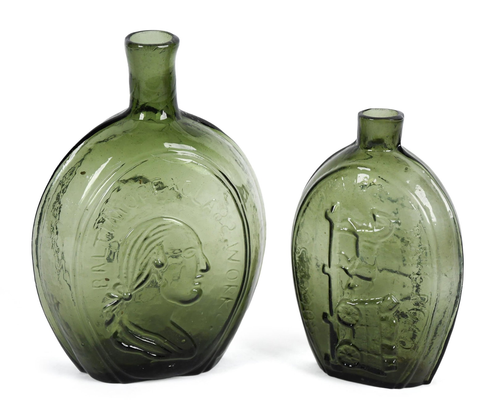 TWO 19TH C. HAND BLOWN EMBOSSED FLASKS. (1 of 9)
