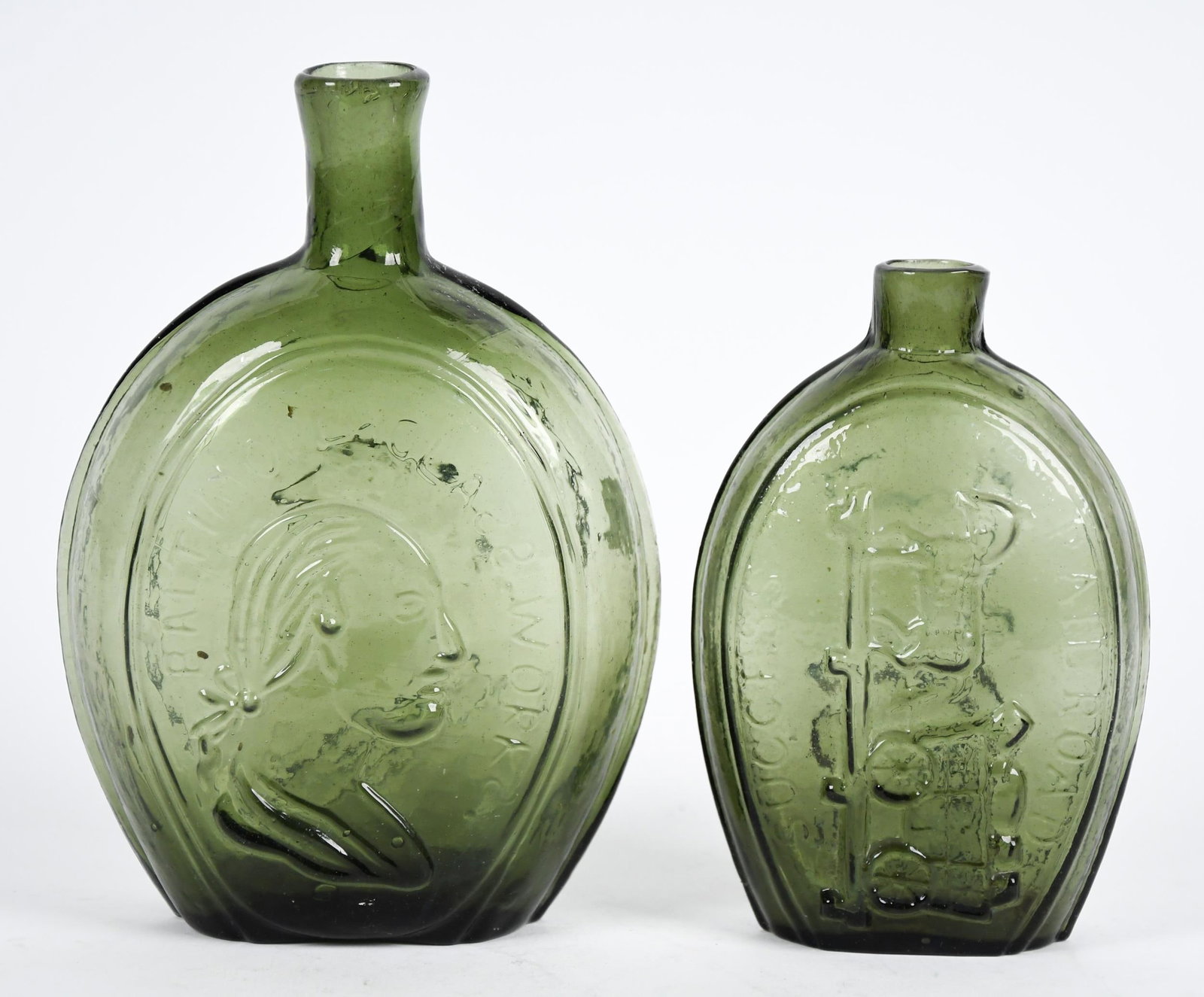 TWO 19TH C. HAND BLOWN EMBOSSED FLASKS. - 2