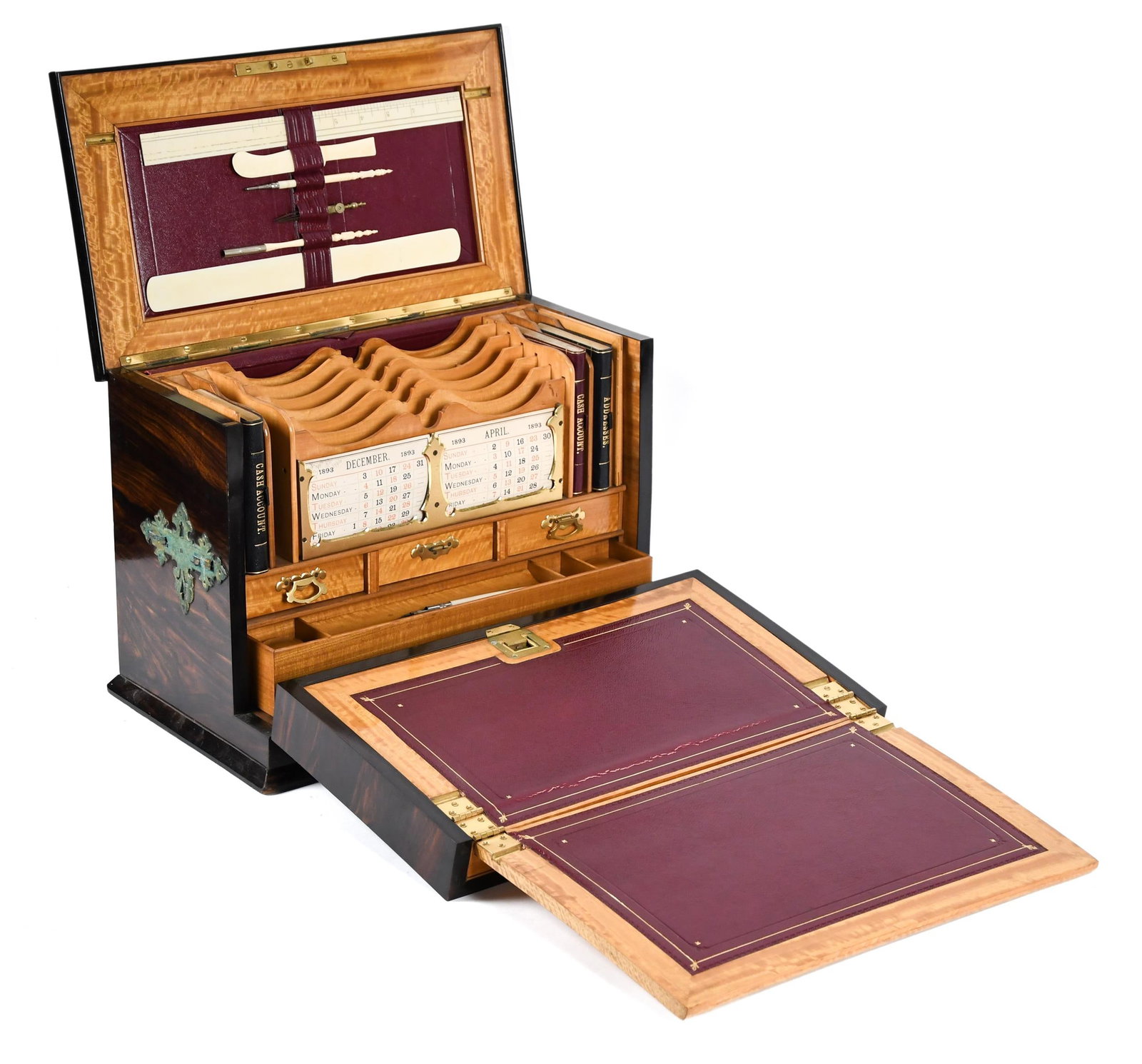 DREW & SONS ENGLISH PALISANDER WRITING BOX/DESK.: A fine 19th C. English Palisander wood writing box with a fantastic fitted satinwood interior, which retains original accessories. Labeled on interior lock plate, ‘Drew & Sons Leadenhall Street