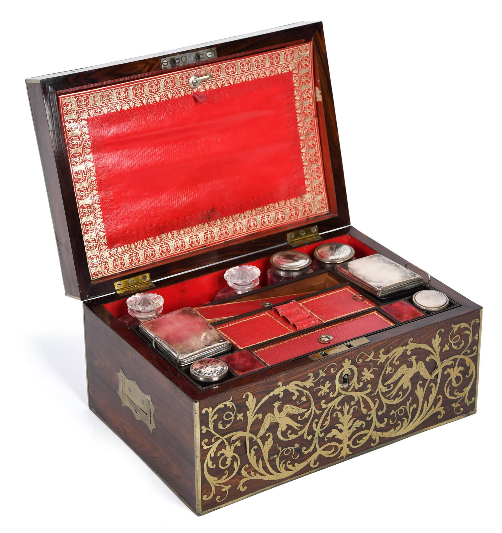FINE 19TH C. LADIES BRASS INLAID NECESSITIES BOX.: An exceptional 19th C. brass inlaid rosewood ladies necessities box with a wonderful and complex fitted interior, containing original accessories. 6”H x 12.5”W x 8.5”D.