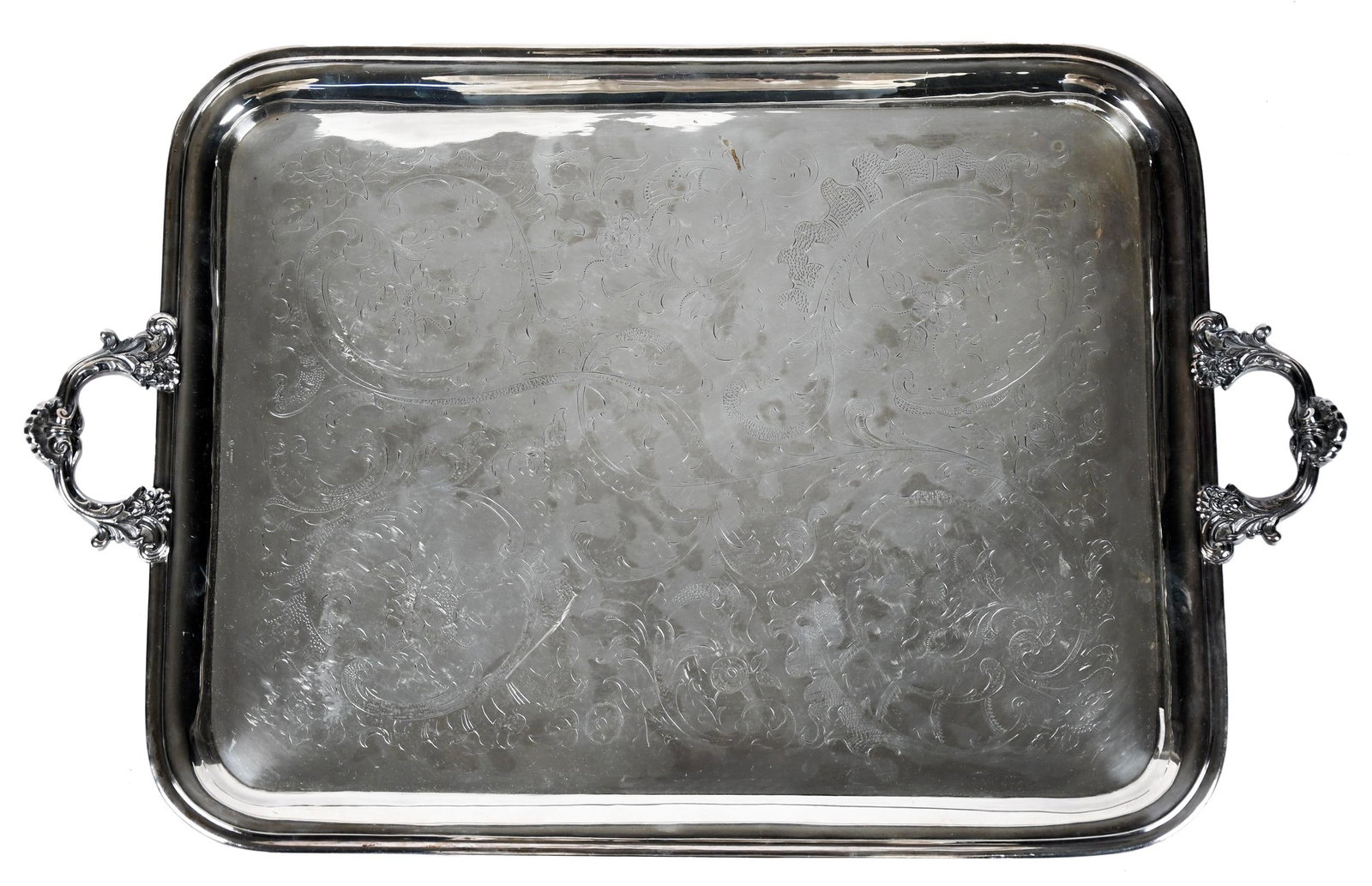 LARGE C. FORST AUSTRIAN SILVER TRAY.: A large Austrian silver rectangular tray, with handles, marked C. Forst 21. 27” x 21”. Total weight 95.5 oz t.