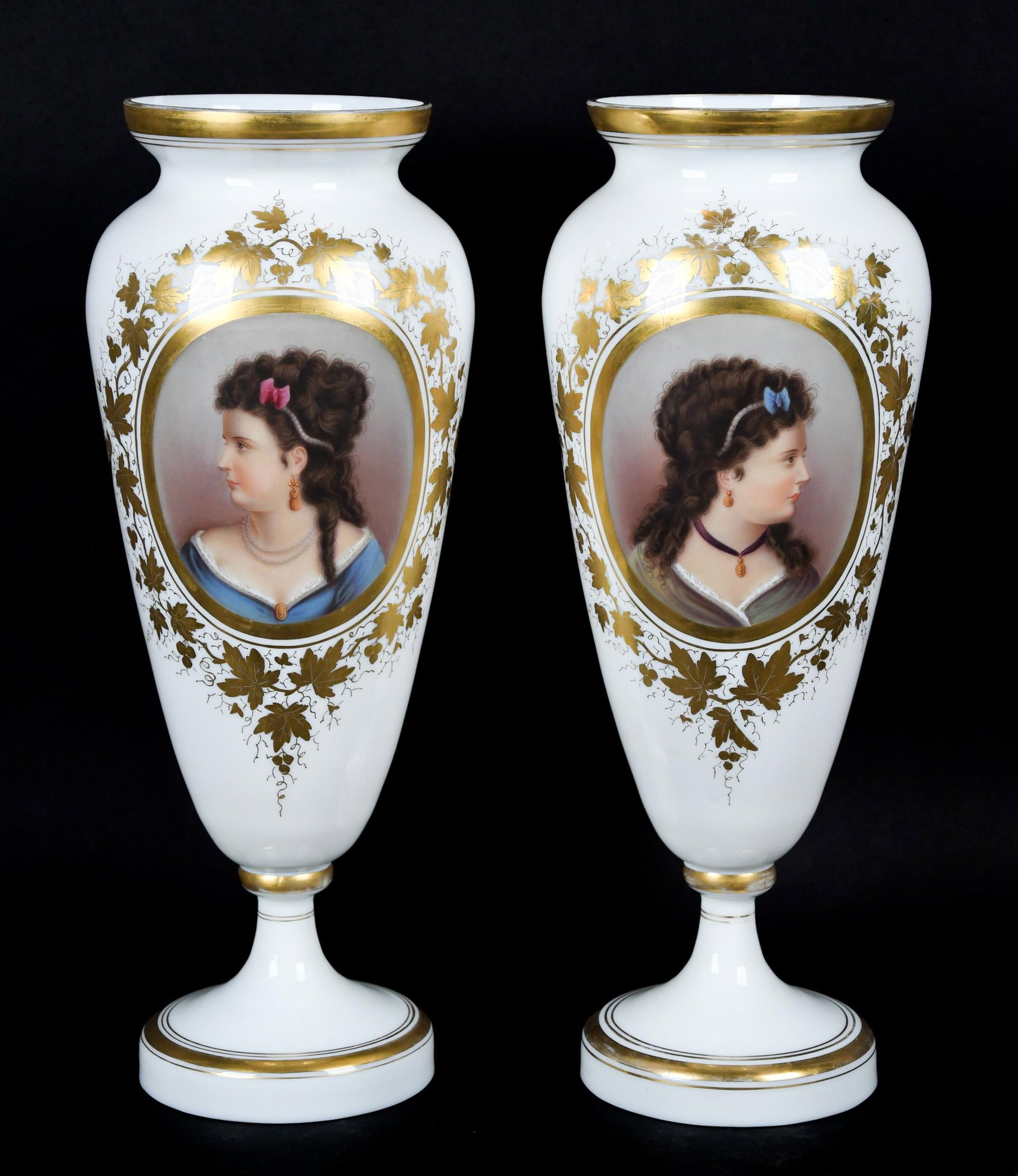 PR. FRENCH OPALINE VASES, HAND PAINTED PORTRAITS.: A pair of late 19th C. French opaline glass vases of large scale, each with hand painted portraits in embellished cartouches. 16.5”H.