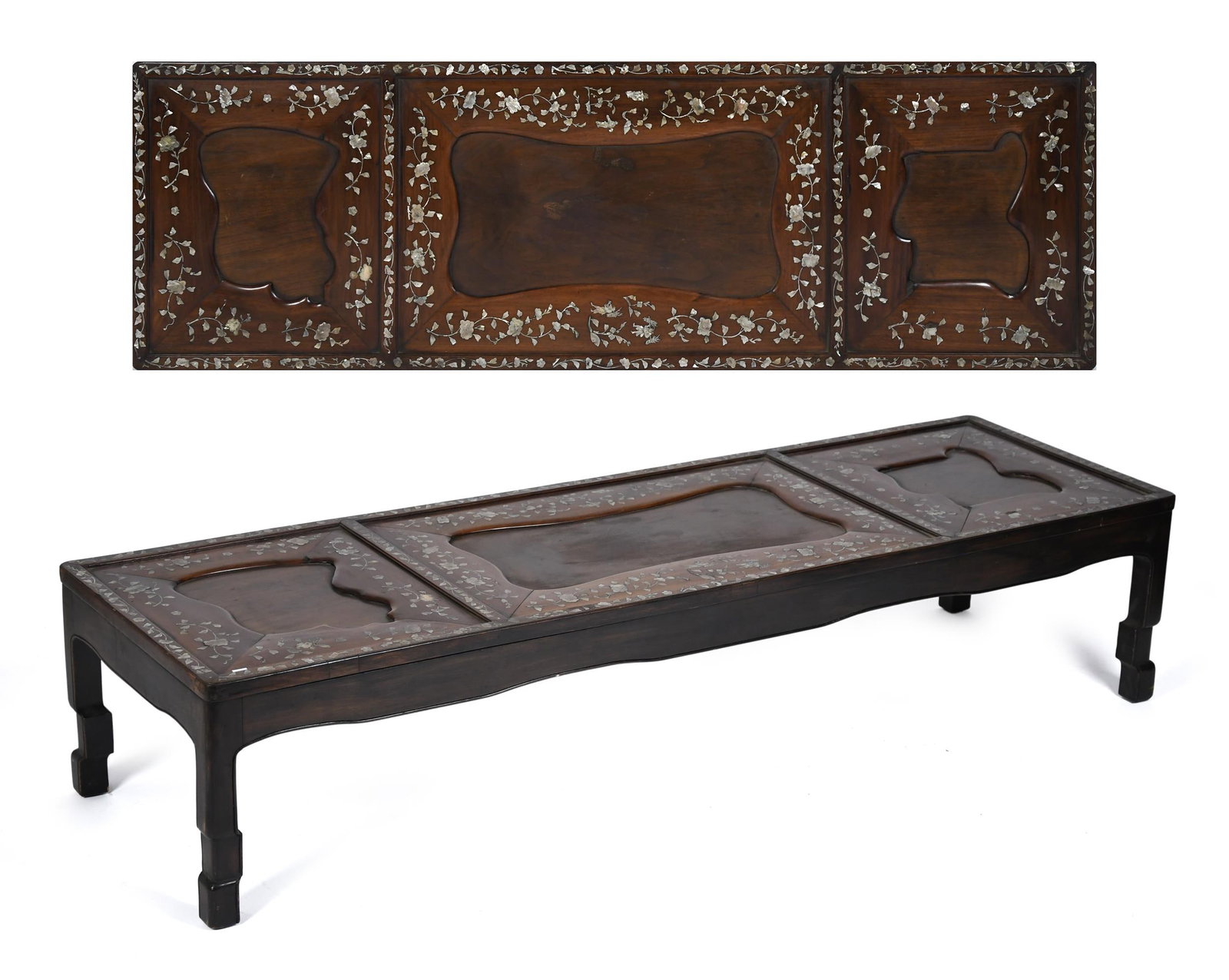 LATE 19TH C. CHINESE OPIUM TABLE.: A late 19th C. mother-of-pearl inlaid rosewood opium table. 14.5”H x 67”W x 21”D.
