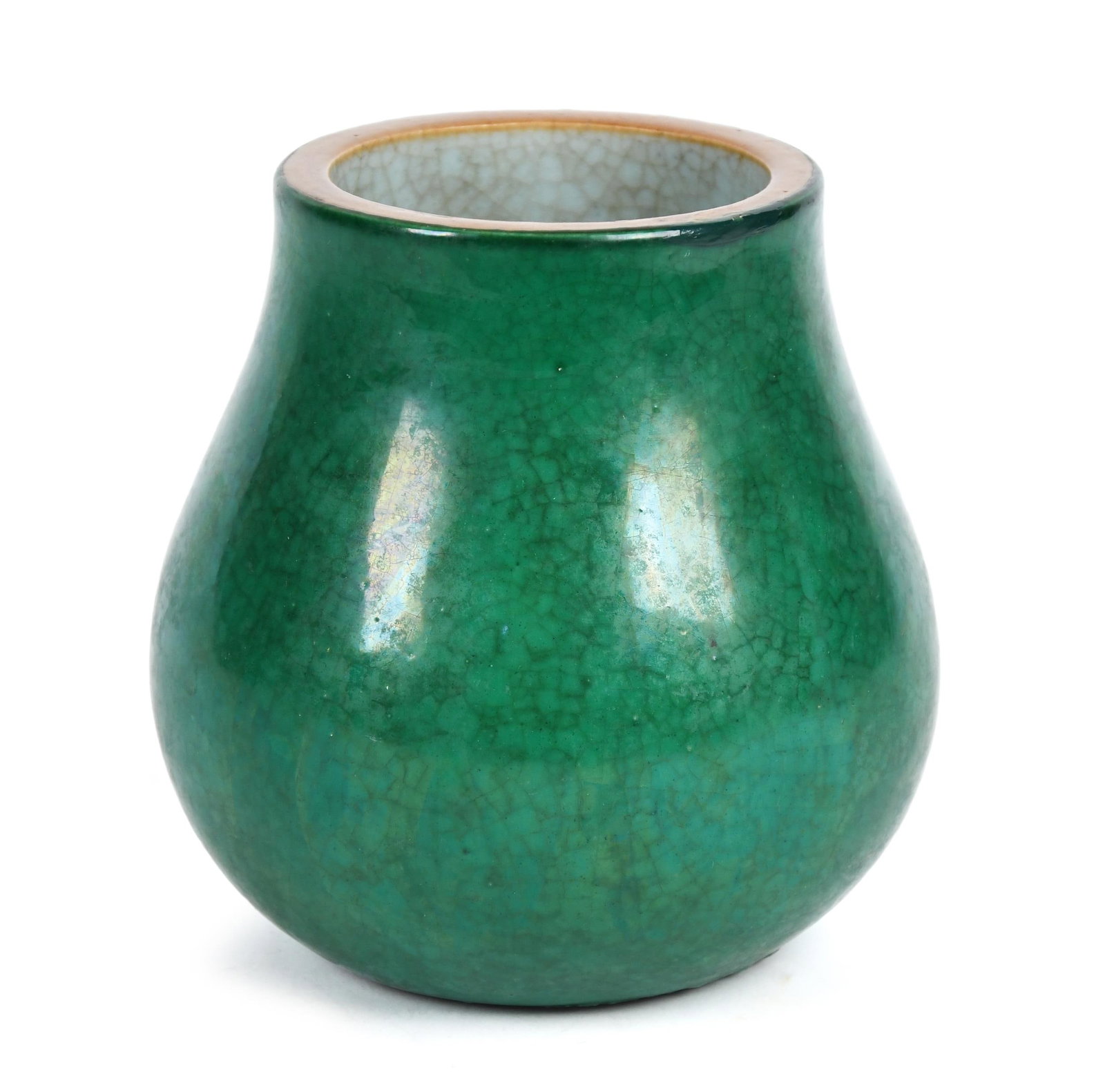 CHINESE MONOCHROMATIC GREEN GLAZED PORCELAIN VASE.: An antique Chinese porcelain vase with a crackle white glazed interior and monochromatic green glazed exterior. 5.75”H.