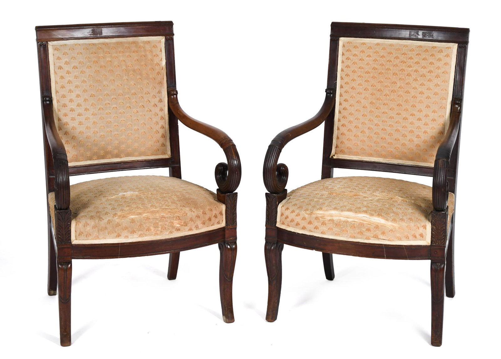 PR. 19TH C. FRENCH CLASSICAL UPHOLSTERED ARM CHAIRS. (1 of 9)