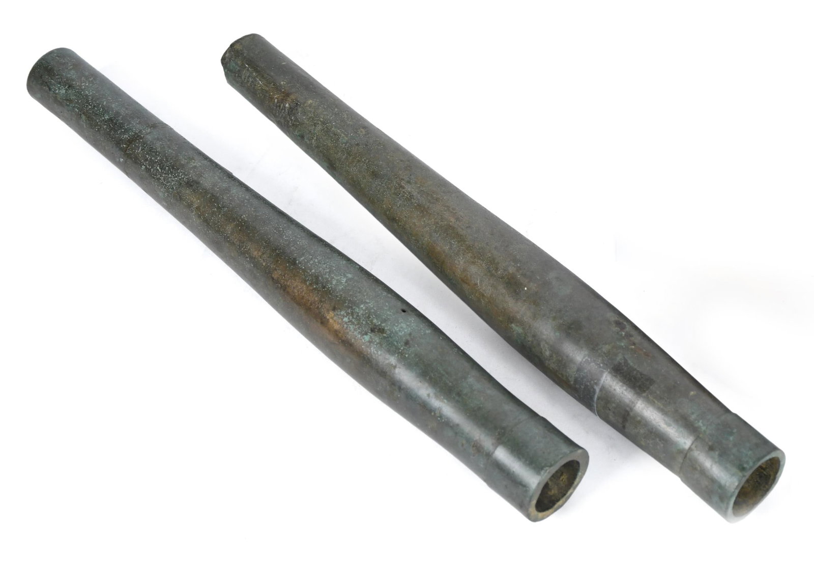 TWO ANTIQUE CHINESE BRONZE HAND CANNONS.: Two 16th C. Chinese bronze hand cannons. 13.5”L.