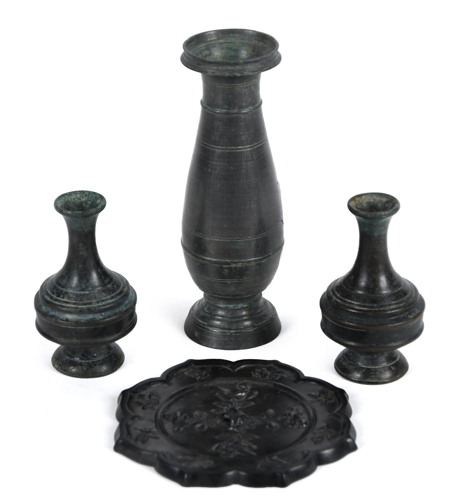 ANTIQUE ASIAN BRONZE VASES AND MIRROR, 4PCS.: A pair of early Chinese bronze vases, 4”H. A taller antique Asian bronze vase, 6.5”H, and a bronze mirror with label on reverse, ‘Flower shaped Tang Dynasty’, 5.25” dia.