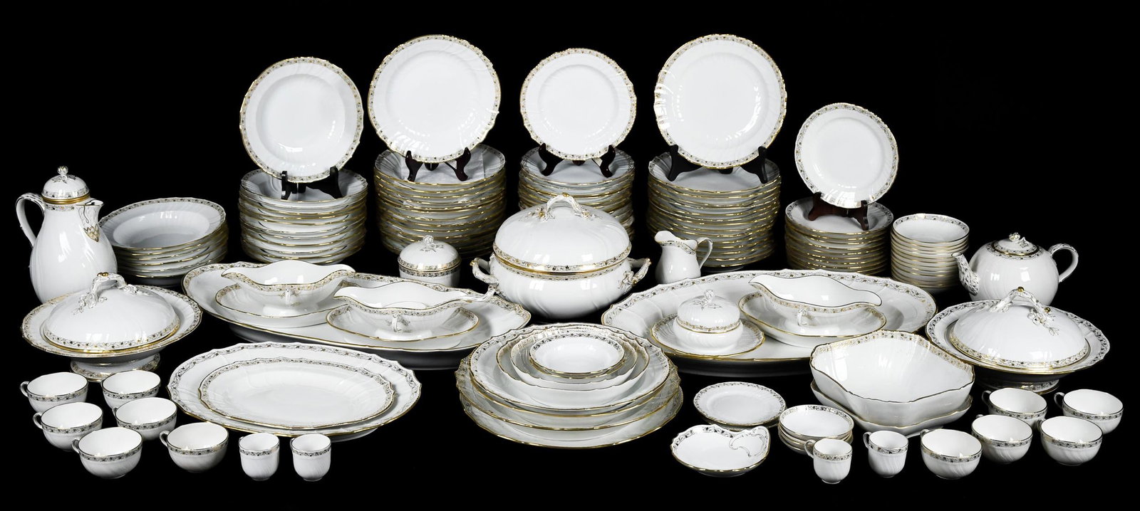 19TH C. KPM BERLIN CHINA SET, NEUOSIER GOLD BAND..: A 19th C. KPM Berlin china set, Neuosier pattern with gold banding, 132 pieces including:30 dinner plates 9.75” dia.18 soup plates 9” dia. 18 salad plates 8.5” dia.12 bread plates 7.