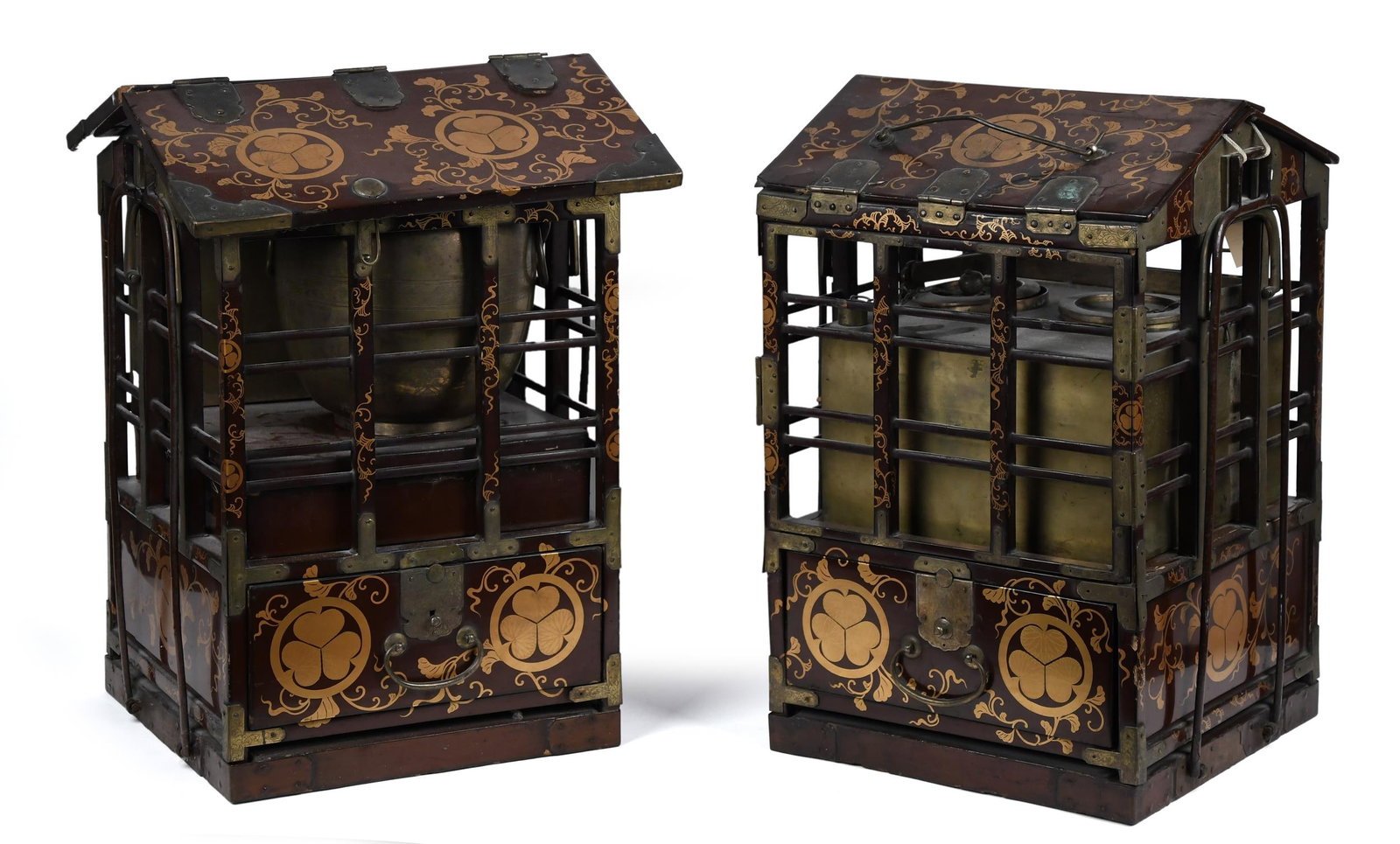 PR. JAPANESE MEIJI HIBACHIS.: A pair of Japanese Meiji lacquered and brass hibachis, with brass interior components. 20”H x 12.5”W x 12.5”D.