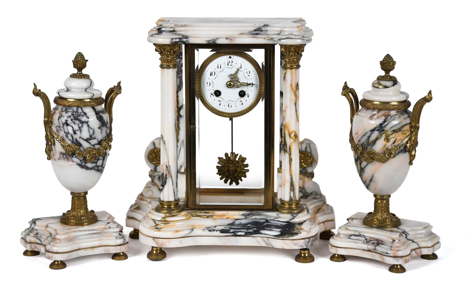ANTIQUE FRENCH MARBLE AND ORMLOU CLOCK SET.: An antique French marble and ormlou mounted clock set, including mantle clock, with painted enamel dial, beveled glass door and sides, works signed H&C Paris.14”H x 13.5”W. Along with a pa