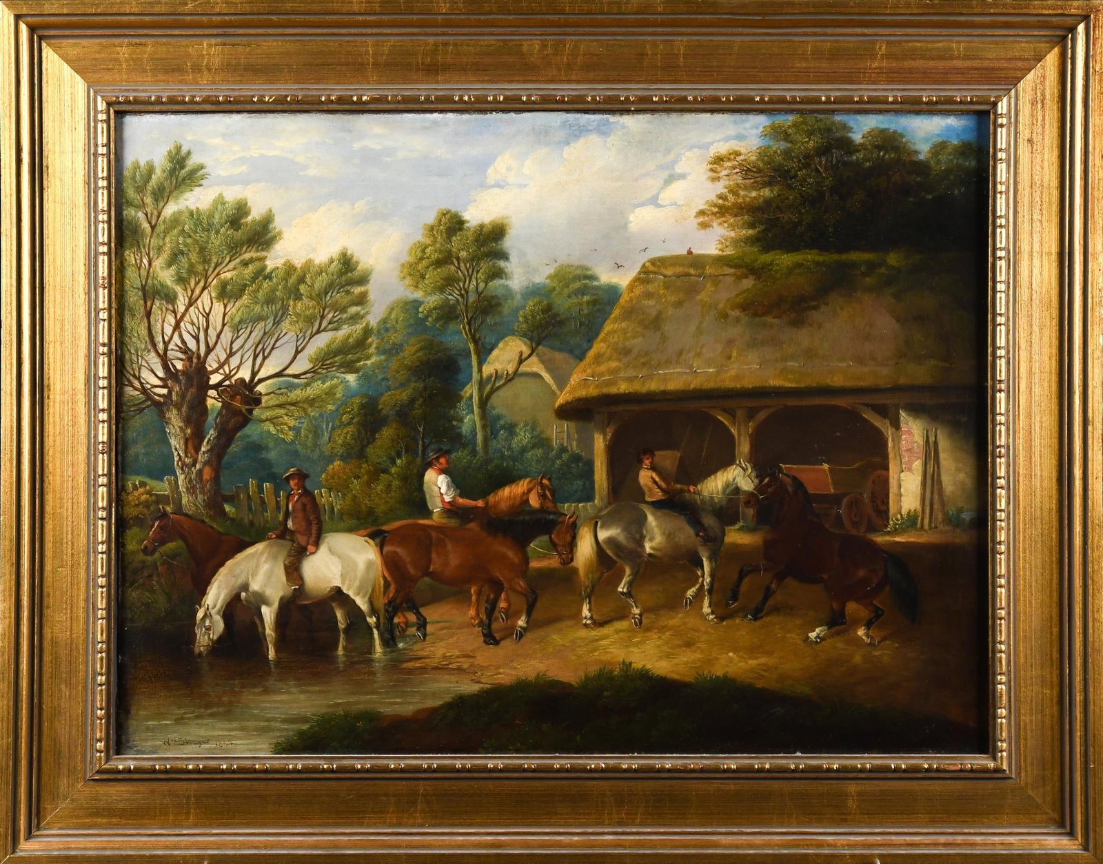 WILLIAM SHAYER OIL, HORSES IN FARMYARD. (1 of 1)