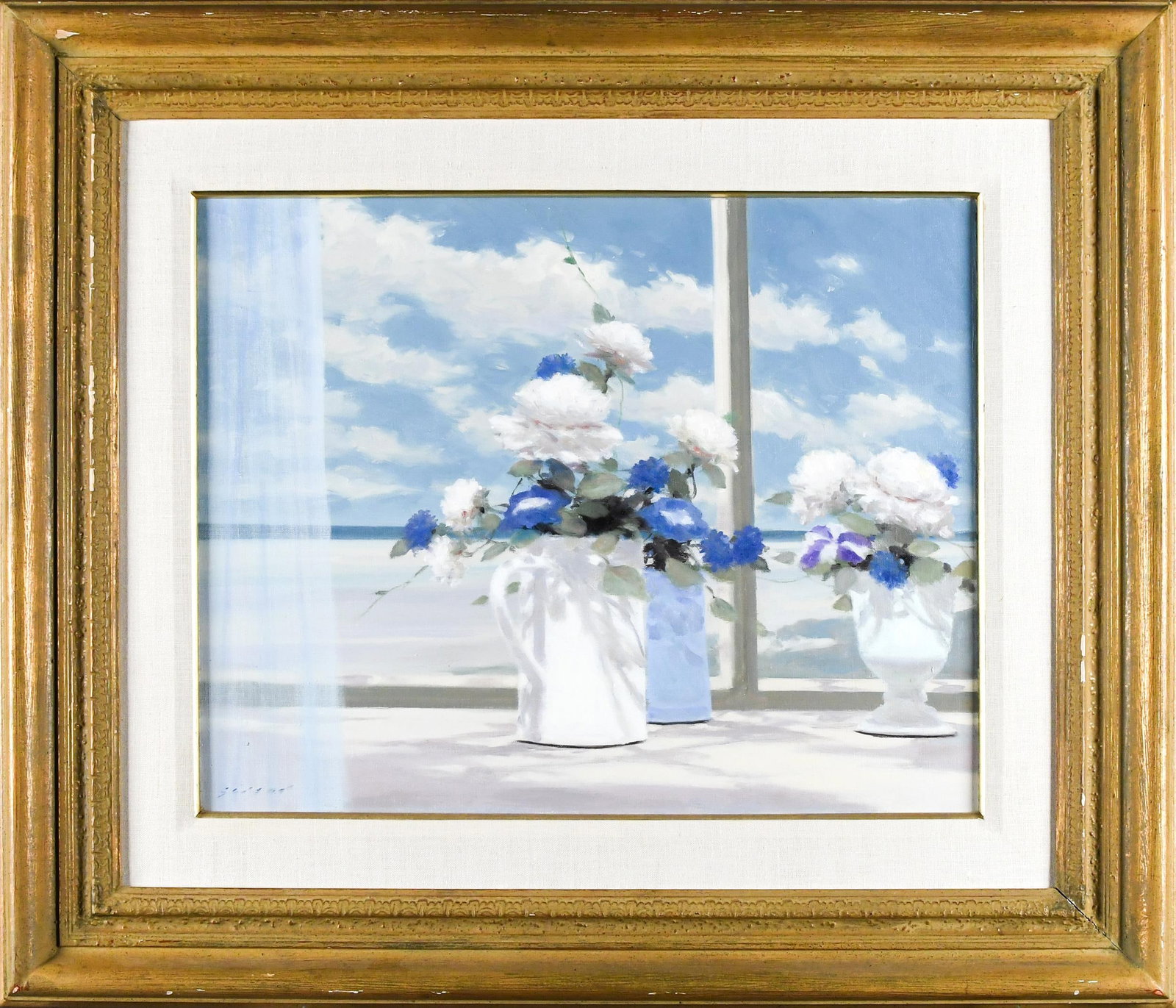 GASTON SEBIRE OIL, STILL LIFE.: A Gaston Sebire (France, 1920-2001) oil on canvas, interior scene still life of flowers in front of window, signed lower ‘Sebire’. Image 16” x 20”, Frame 26” x 30”.