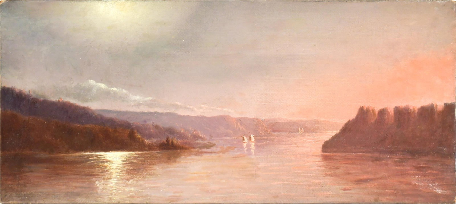 19TH C. HUDSON RIVER SCHOOL OIL PAINTING.: A well painted and unsigned oil on canvas view of the Hudson River, with boats, moon lit reflection on the water and luminist sky, unframed, image 7.5” x 17”.