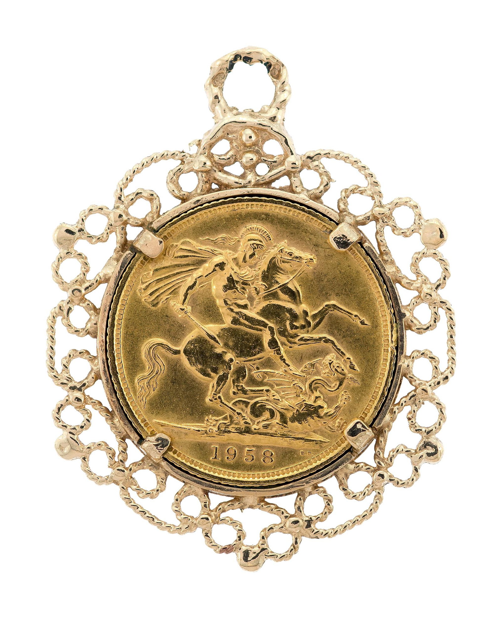 1958 ELIZABETH II .999 GOLD COIN IN 10K GOLD PENDANT.: A 1958, Elizabeth II, 1 sovereign, .999 purity, gold coin, pendant set into a 10k-14k yellow gold (tested) coin frame, 1 1/2 inches long.