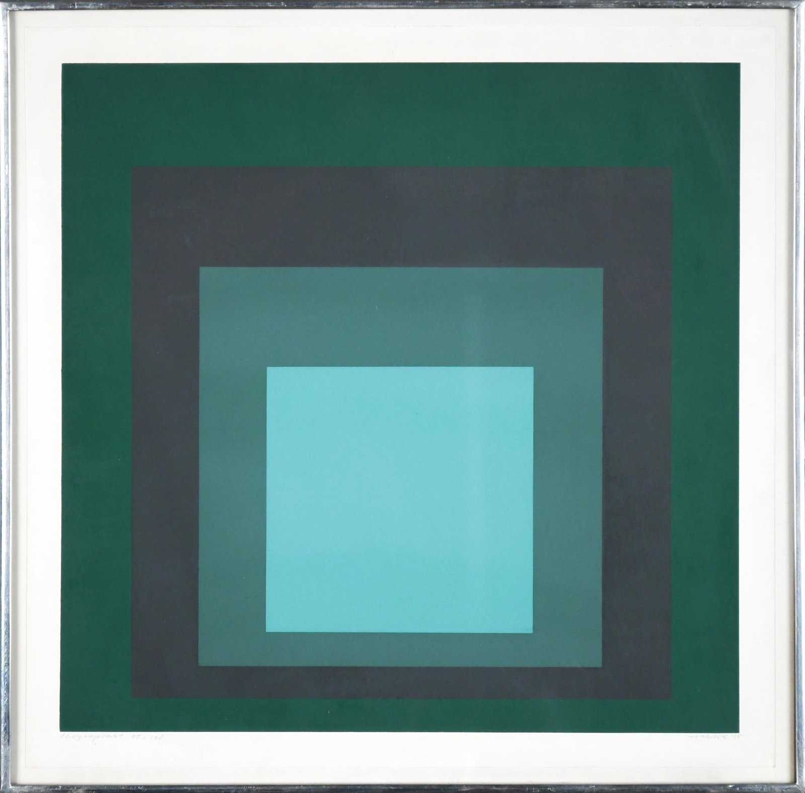 1965 SIGNED JOSEF ALBERS SERIGRAPH, CHRYSOPRASE.: A 1965 Josef Albers limited edition serigraph, Chrysoprase, part of the Homage to a Square suite, and printed on Mohawk Superfine Bristol paper. This example is pencil-titled and numbered in the lower