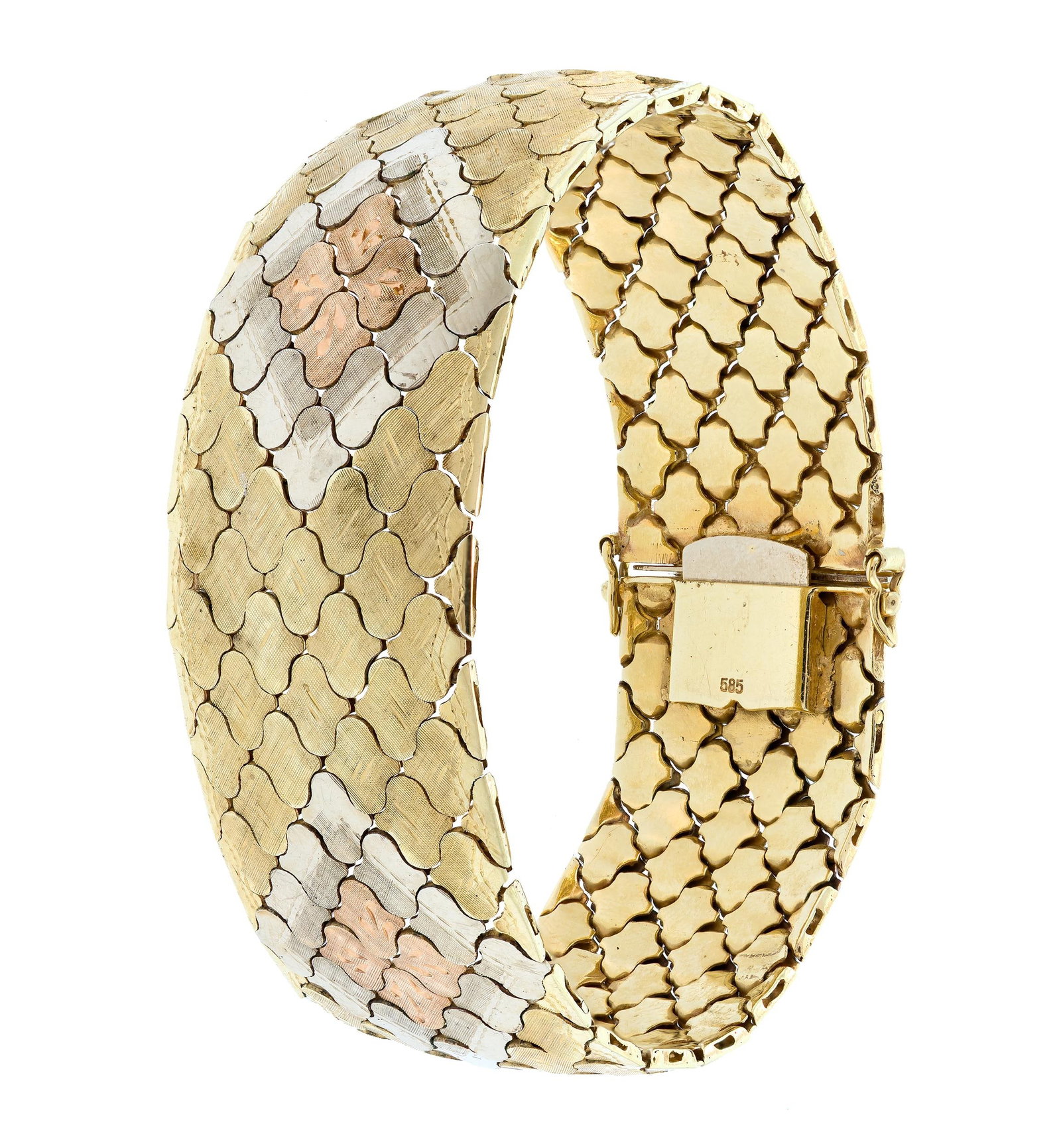 VINTAGE 14K TRI-GOLD DIAMOND PATTERN BRACELET.: A vintage, 14k yellow, rose and white gold (stamped), wide bracelet with diamond pattern, 23mm wide, 7 1/2 inches long, 48.3 grams.