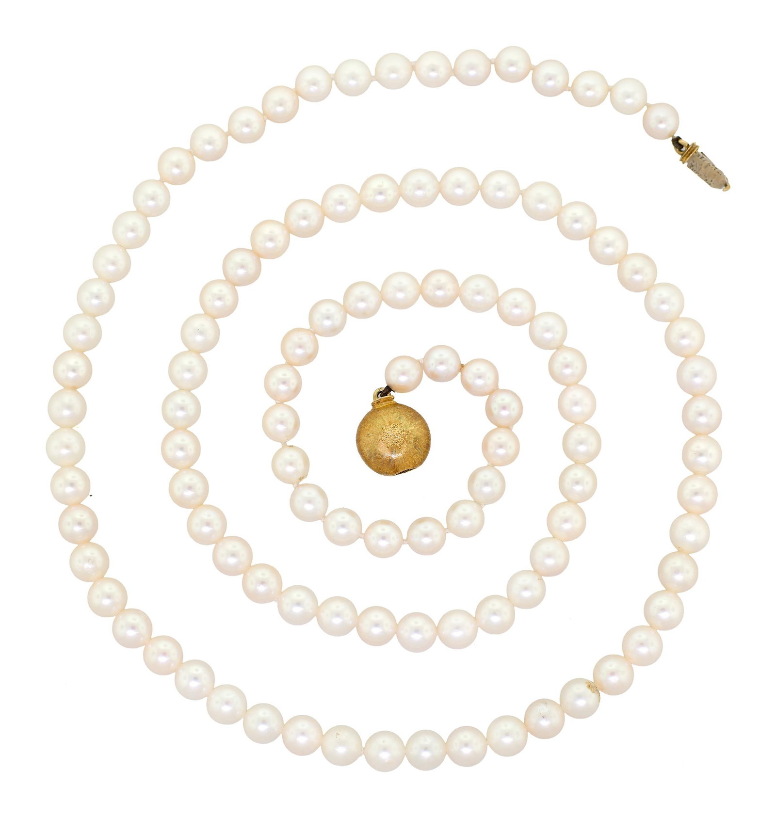 VINTAGE PEARL NECKLACE W/ 18K GOLD BUCCELLATI CLASP.: A vintage, cultured, Japanese akoya pearl necklace, fastened by a signed, 18k yellow gold (stamped), Buccellati clasp, 8.0mm round, white - light cream pearls, very lightly blemished with very good lu