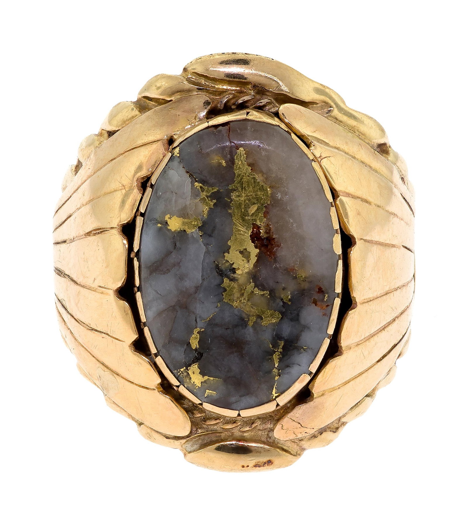 VINTAGE 14K GOLD NATIVE AMERICAN GOLD QUARTZ RING.: A vintage, 14k yellow gold (stamped), signed KTM or HTM, presumed to be Native American ring set with gold bearing quartz, 16 x 11mm. Ring size 8, 24mm wide, 13.2 grams.