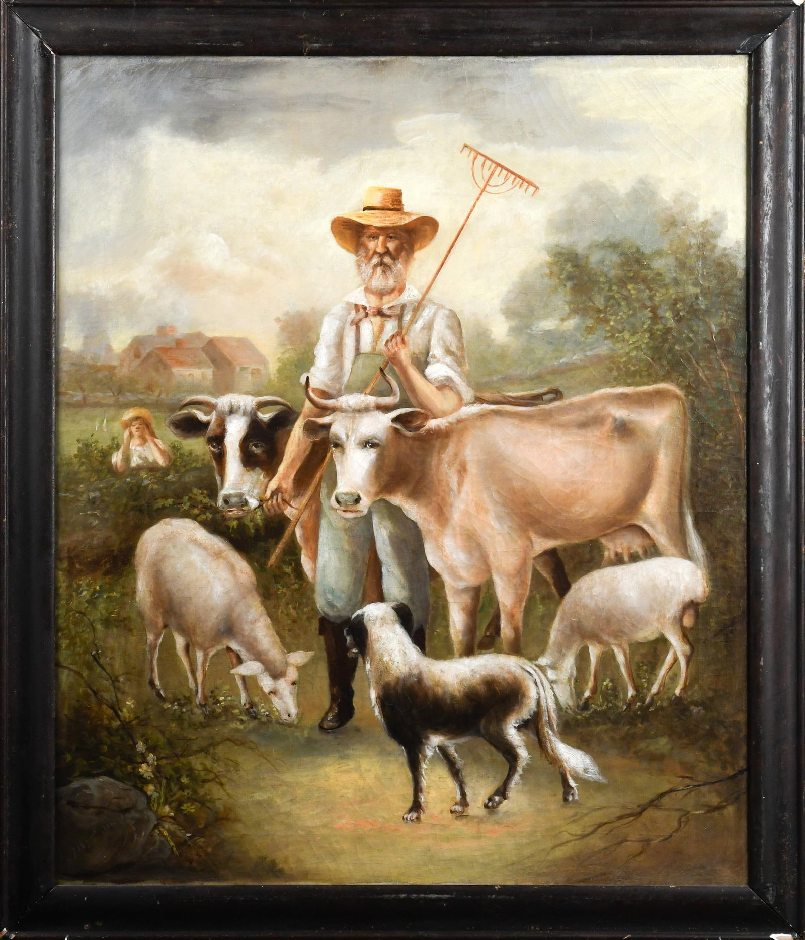 20TH C. OIL ON CANVAS, FARMER WITH LIVESTOCK.: A 20th C. oil on canvas, farmer with his livestock, and homestead in background, unsigned. Image 30.5” x 25.5”, Frame 34” x 29”. Provenance: Warren Kimble Private Collection.