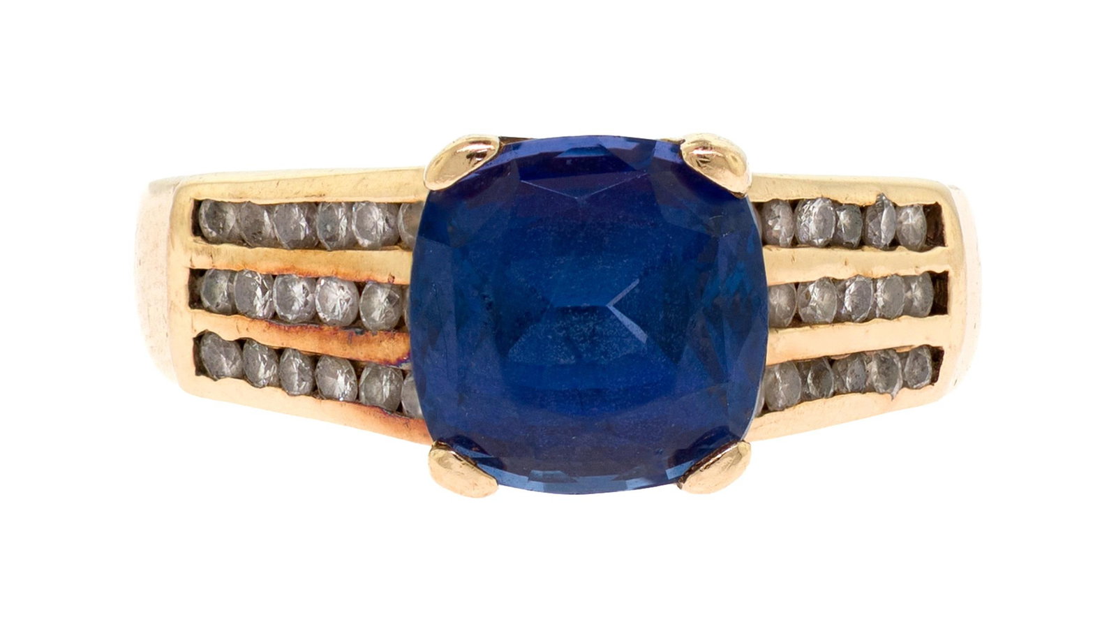 14K GOLD SQUARE CUSHION CUT TANZANITE & DIAMOND RING.: A 14k yellow gold (stamped) ring set with an approx. 4.0 ct., square cushion cut, dark, violetish-blue tanzanite and approx. .75 ct. tw. round brilliant cut, natural diamonds of H-I-J color and SI-I
