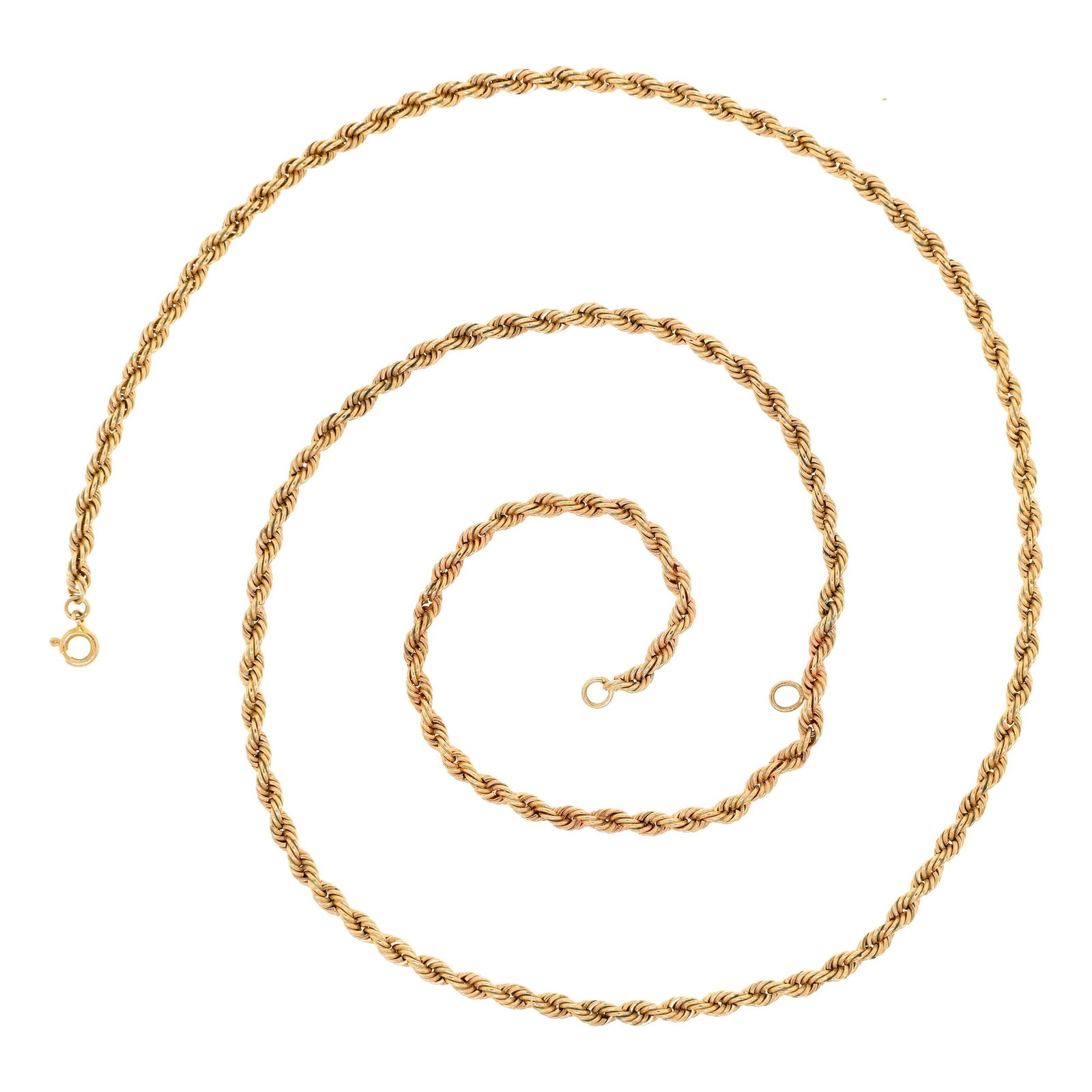 14K YELLOW GOLD 3MM ROPE CHAIN NECKLACE.: A 14k yellow gold (stamped) rope chain necklace, 3mm thick, 24 1/4 inches long (adjustable to 19”L), 21 grams.