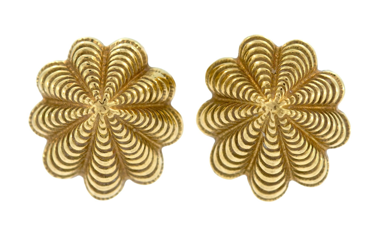 TIFFANY & CO. SCHLUMBERGER 18K GOLD SHELL EARRINGS.: A pair of vintage, signed, Tiffany & Co., Schlumberger, limpet snail shell stud, post earrings, circa 1970, 13mm dia., 5.0 grams.