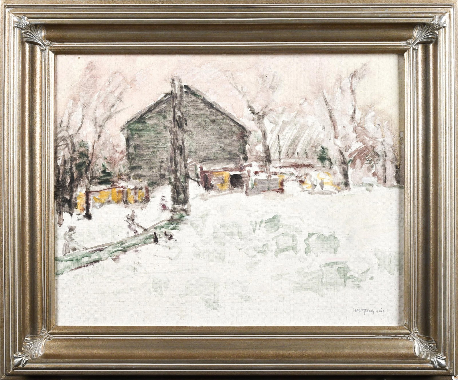 HENRY R. MACGINNIS OIL, LAKE MOREY ICE HOUSE.: A Henry R. MacGinnis oil on canvas, labeled on reverse with title 'Old Ice House', also inscribed on stretcher 'Public Beach, Fairlee'. Signed lower right, HR MacGinnis. Canvas 16”x 20”,