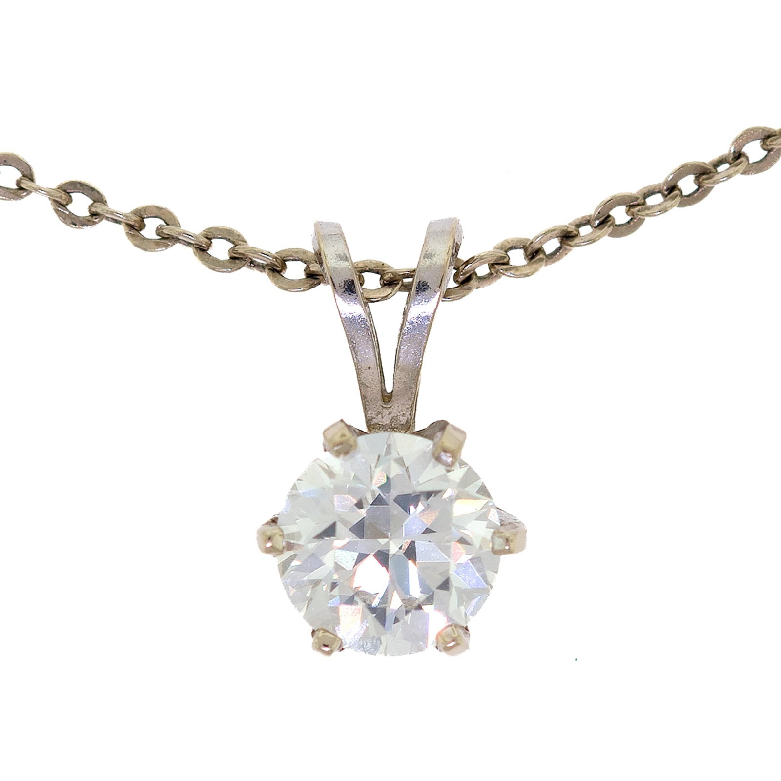 14K GOLD .86 CT. DIAMOND SOLITAIRE PENDANT & CHAIN.: A 14k white gold (stamped), solitaire pendant set with an approx. .86 ct., transitional cut, natural diamond of G color and VS-SI clarity, including a 14k white gold (stamped) cable link chain, 18 inc