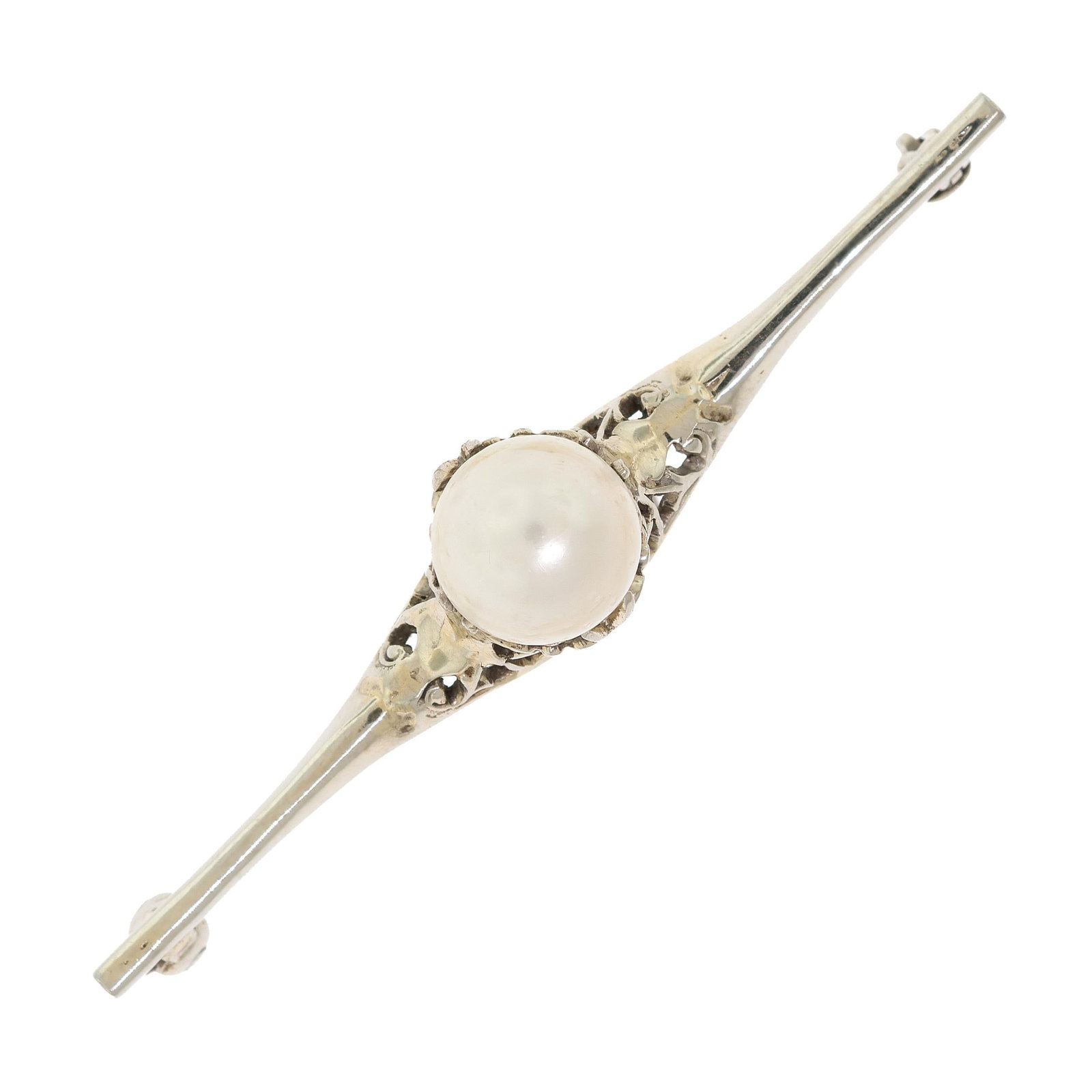 ANTIQUE 18K GOLD FRESHWATER PEARL BAR PIN.: An antique, 18k white gold (stamped) filigree bar pin set with a 3.83 ct., non-bead cultured, freshwater pearl, white, button shape, 8.34 x 8.01mm, pin is 2 inches long, 3.4 grams (weight without