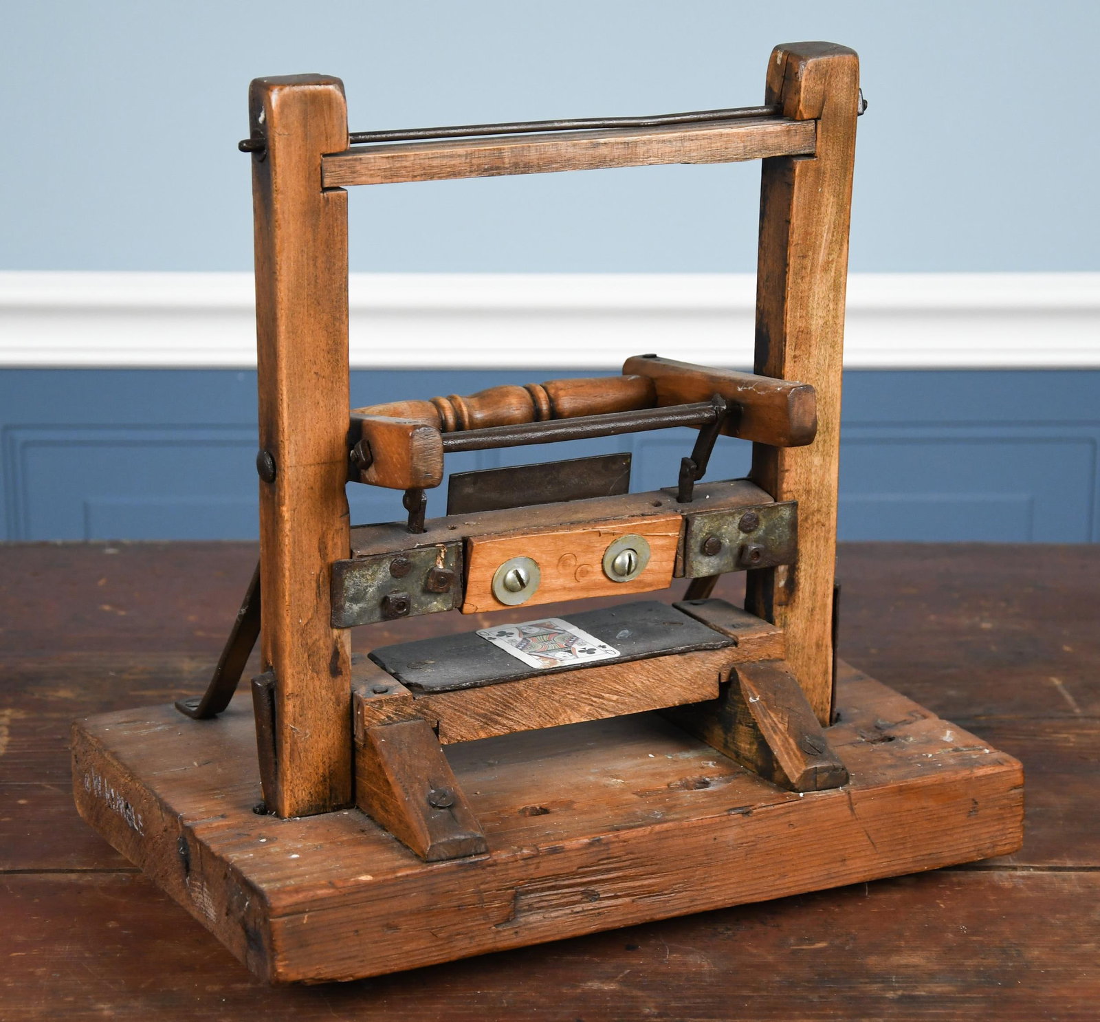 WARREN KIMBLE READYMADE, WOODEN MACHINE.: A Warren Kimble readymade assemblage, wooden machine with miniature playing card. Signed on side W. Kimble. 14.5” x 14.5”. Provenance: Warren Kimble Private Collection.