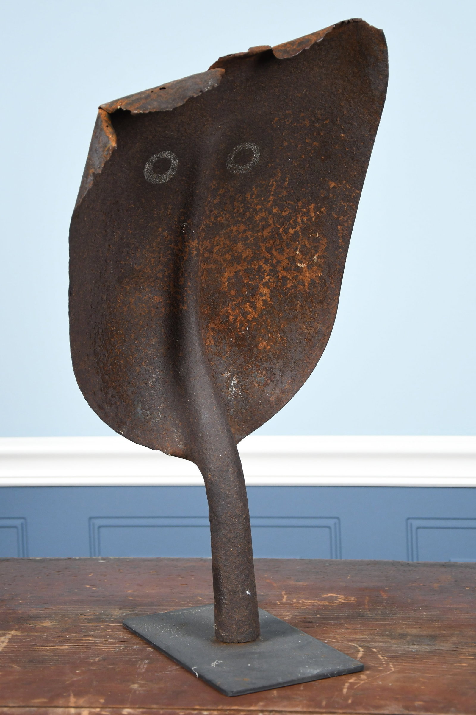 WARREN KIMBLE READYMADE ARTWORK, THE END.: A Warren Kimble readymade artwork, rusted shovel, titled 'The End', and signed on base, Warren Kimble. 21.5”H. Provenance: Warren Kimble Private Collection.
