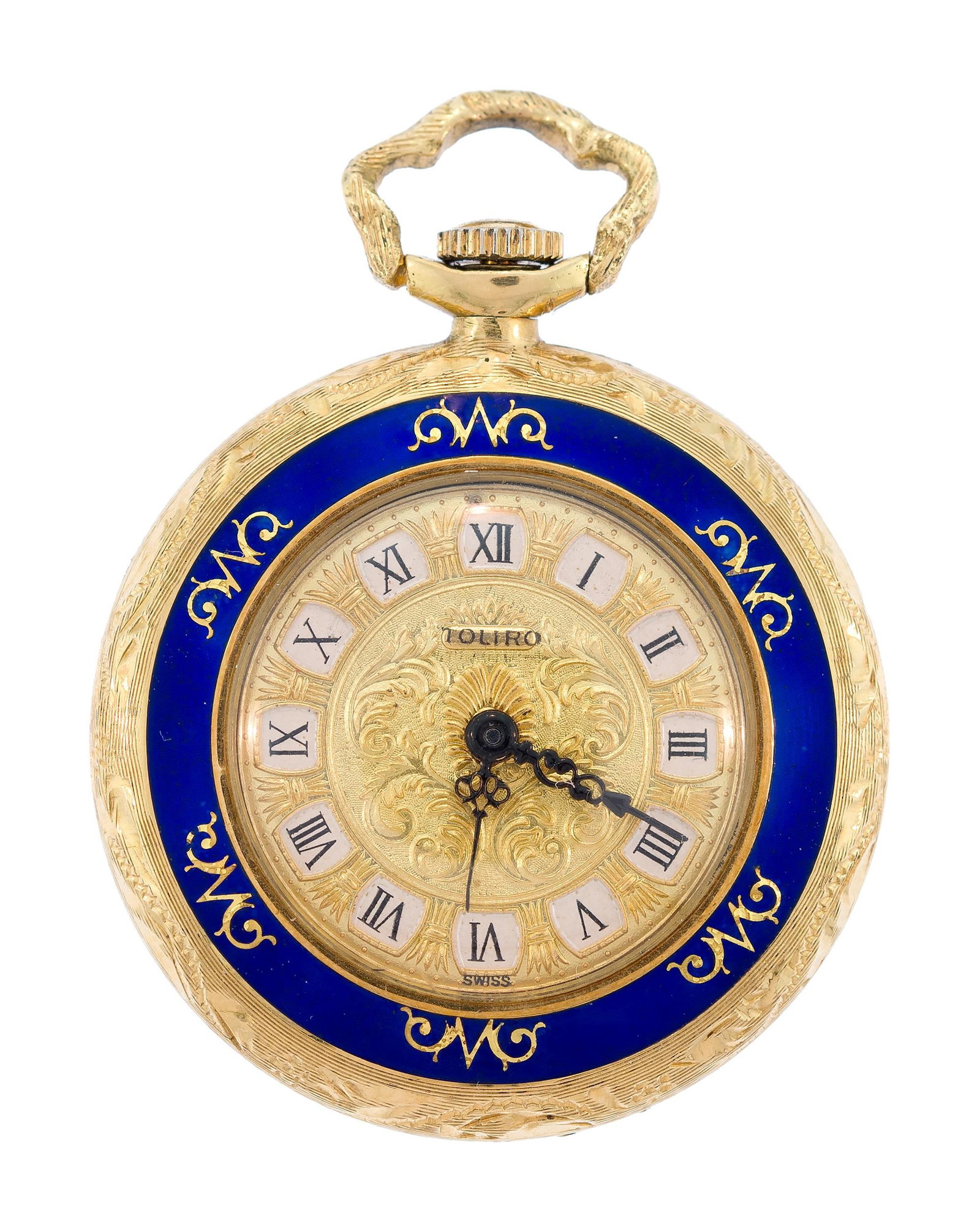 LADY'S 18K GOLD TOLIRO ENAMEL PENDANT WATCH.: A lady's, 18k yellow gold (stamped), Toliro, enamel pendant watch, 17 jewels, mechanical movement, 30 mm case, 22.9 grams gross weight.