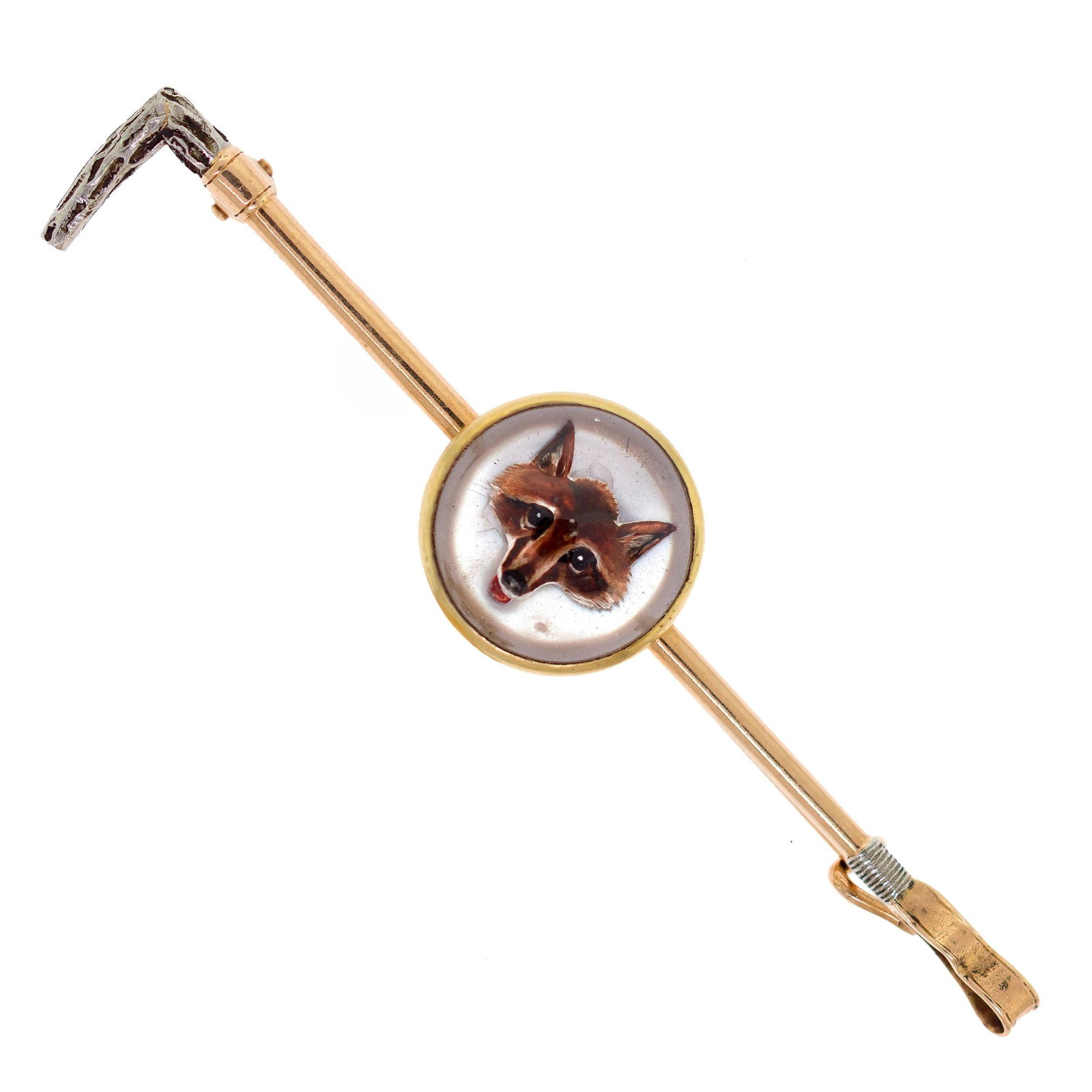 ANTIQUE 14K GOLD FOX PIN.: An antique 14k yellow gold (tested), reverse painted, cut crystal fox hunter pin, 2 1/2 inches long, 6.7 grams.