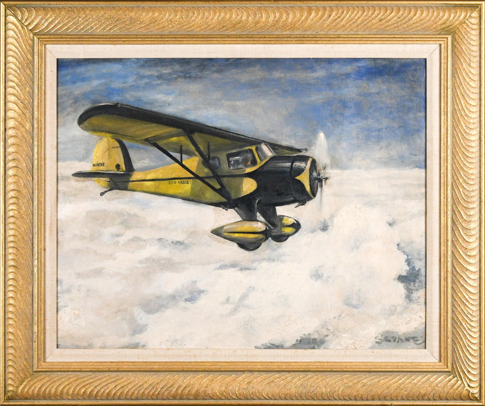 ERIC SLOANE OIL, GEE BEE MODEL Z AIRPLANE.: An Eric Slaone oil on artist’s board, depicting a 1930s Gee Bee Model Z black and yellow airplane. Signed lower right Sloane. Image 16.5” x 21.5”, Frame 23” x 29”.