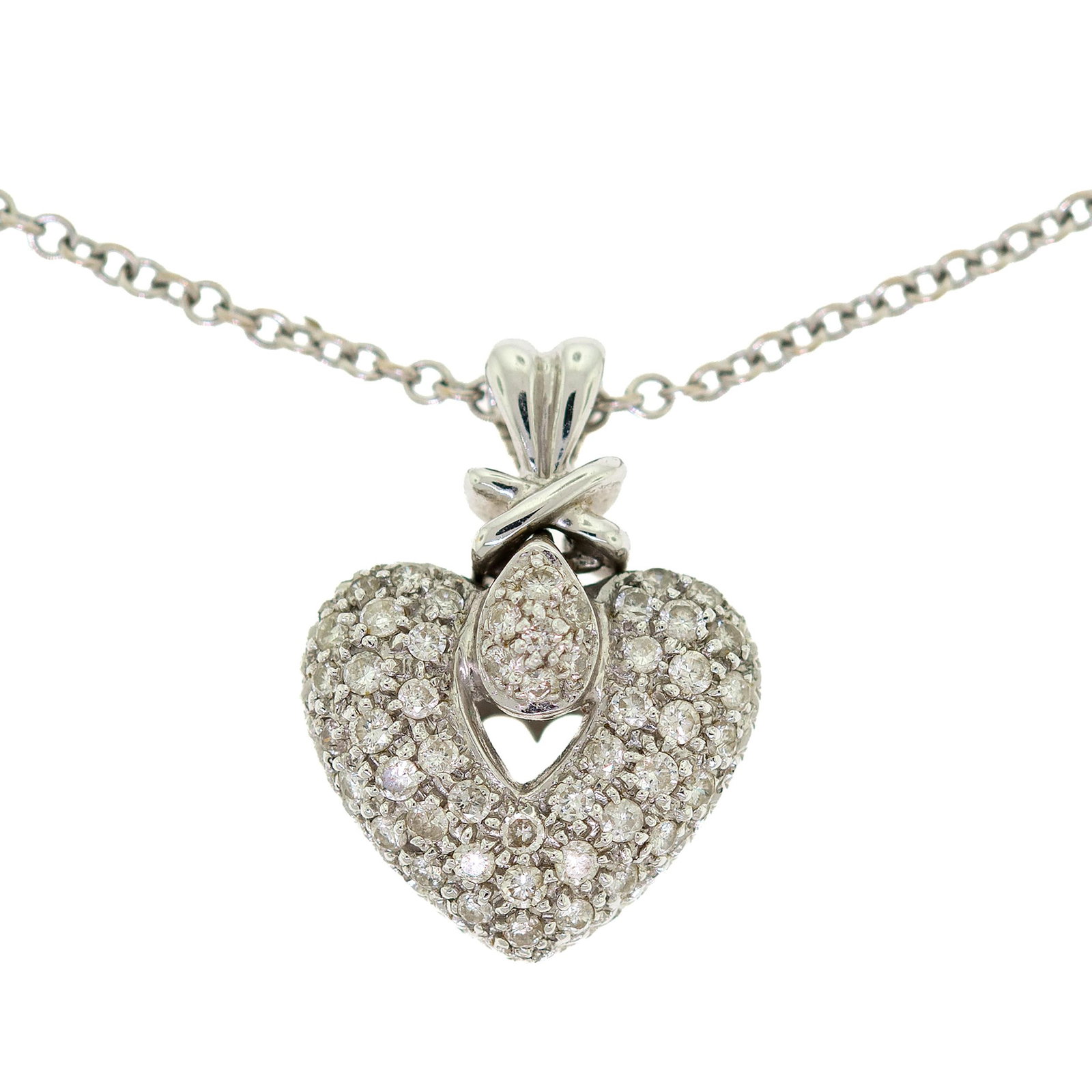 14K WHITE GOLD PAVE DIAMOND HEART NECKLACE.: A 18k white gold (stamped) puffed heart pendant, pave set with approx. .50 ct. tw., round brilliant cut, natural diamonds of H-I color and I1-I2 clarity, 14.5mm dia., 3.2 grams, including a 14k white