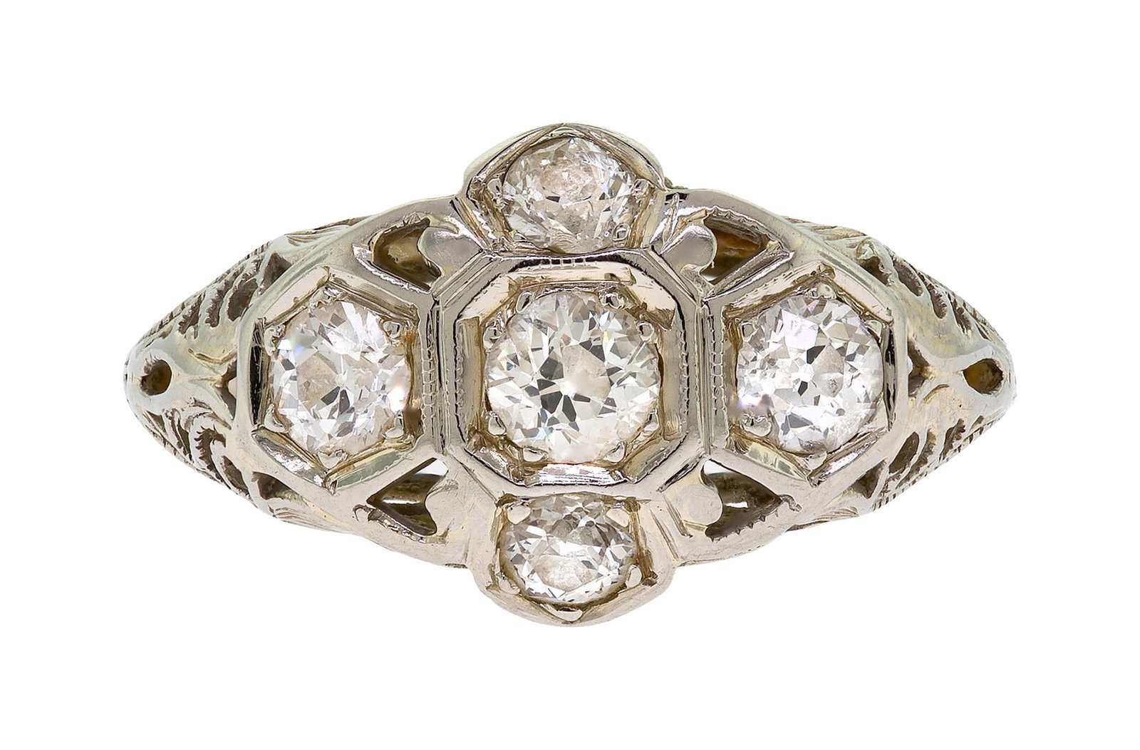 ANTIQUE 14K GOLD HAND-ENGRAVED FILIGREE DIAMOND RING.: An antique, 14k white gold (tested), hand-engraved, filigree ring set with approx. .70 ct. tw., Old European cut, natural diamonds of H-I-J color and VS-SI clarity. Ring size 6, 11mm wide, 2.7 grams. 