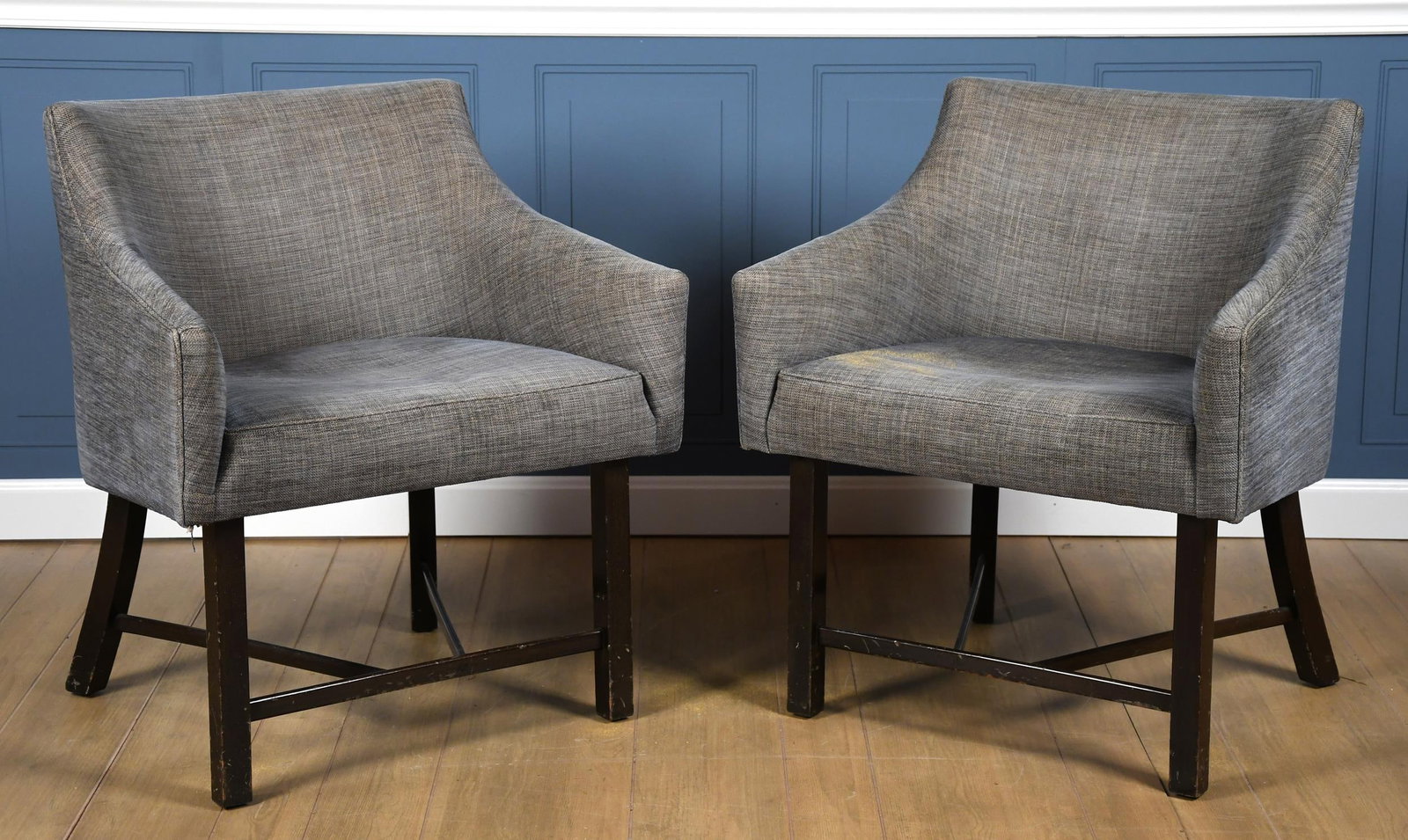 PR. HARVEY PROBBER CHAIRS.: A pair of Harvey Probber armchairs in grey upholstery. 29”H x 25”W x 18” seat H.