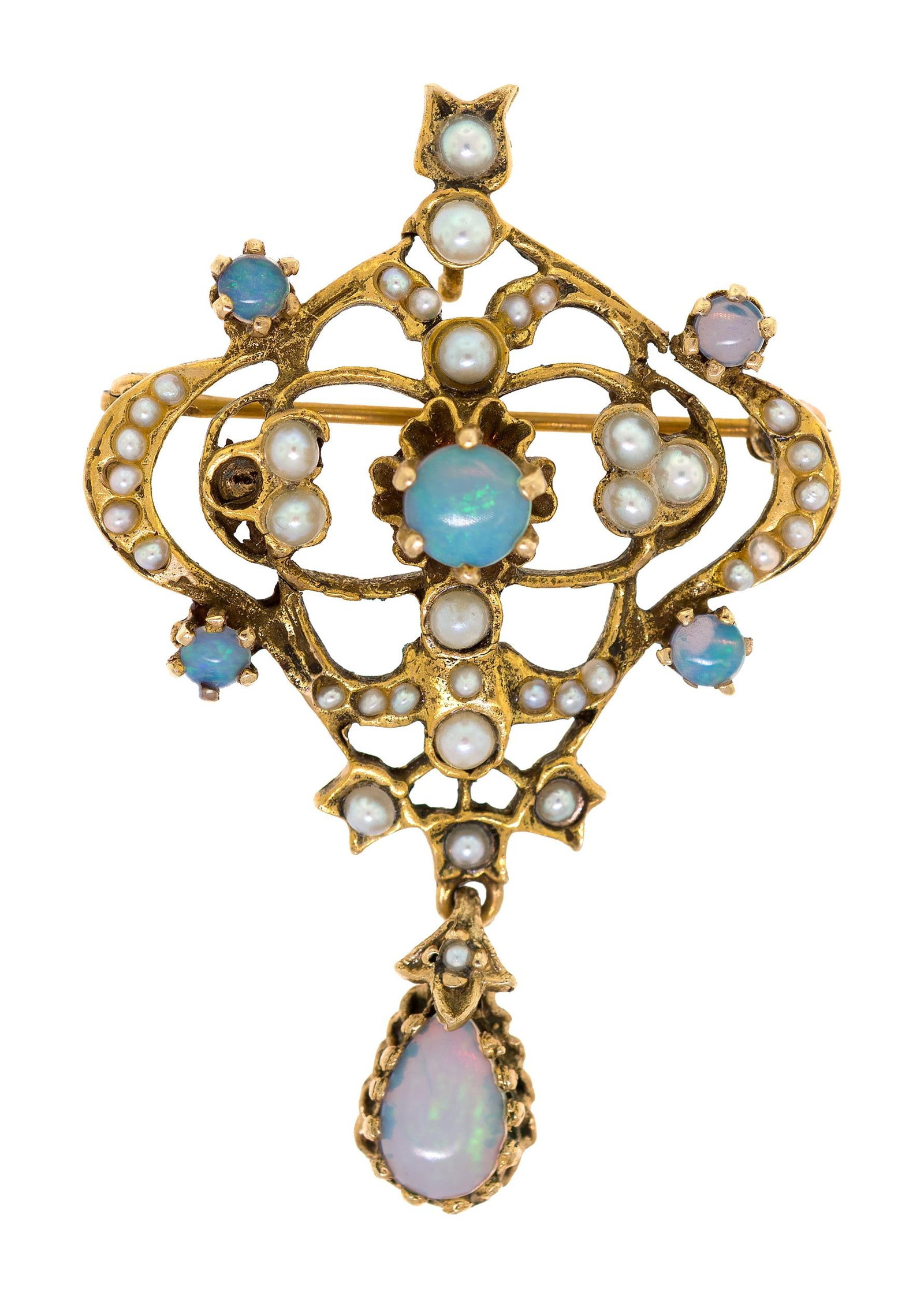 14K GOLD OPAL & PEARL PIN/PENDANT.: A 14k yellow gold (stamped) pin/pendant set with approx. 1.5 ct. tw., somewhat bright, blue-green opals and half pearls with very good luster, 2-3mm, 1 3/4 inches long, 8.3 grams.