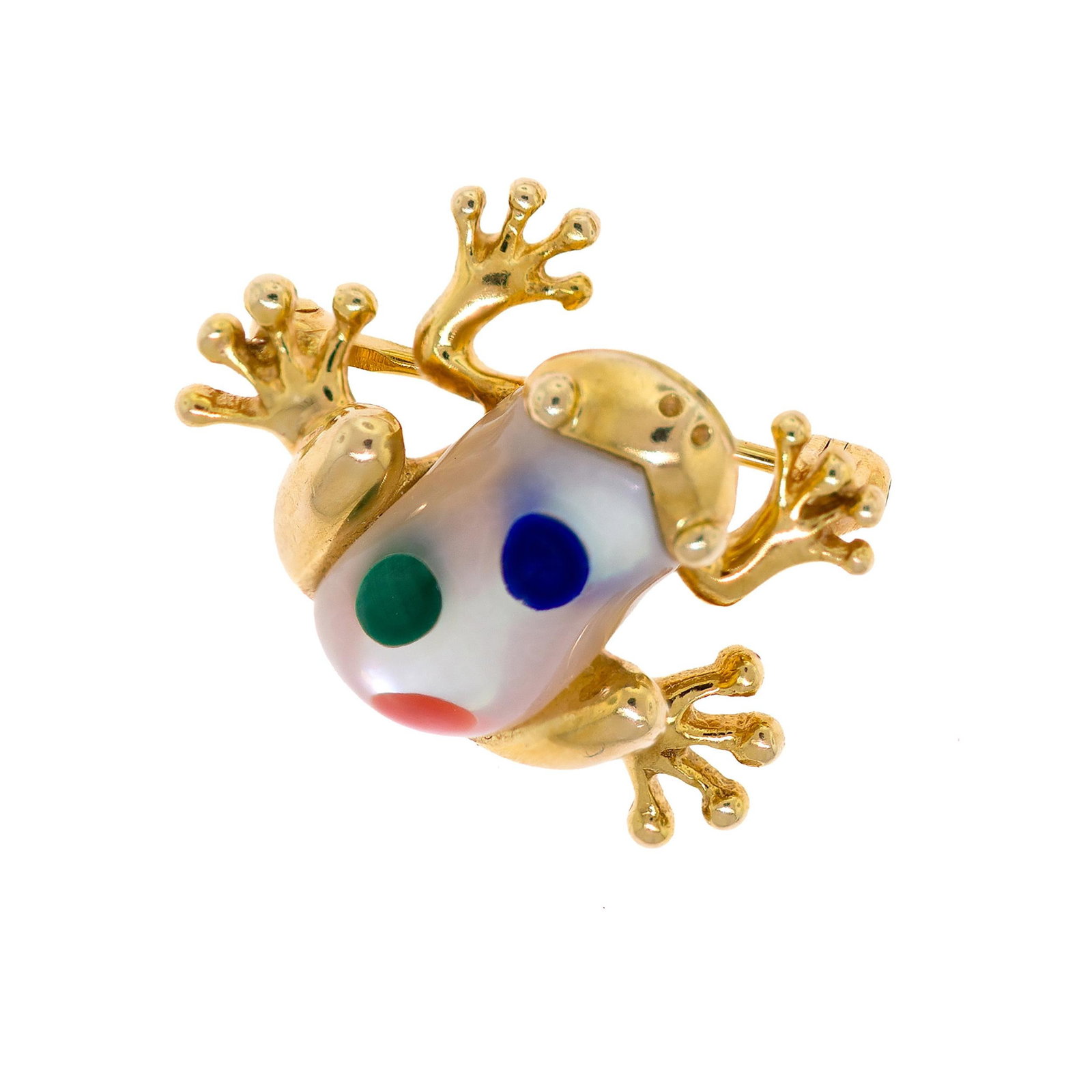 14K GOLD INLAY MOTHER OF PEARL FROG PIN.: A 14k yellow gold (stamped) frog pin with a coral, lapis and malachite inlay, mother-of-pearl pin, 1 inch long, 5.0 grams.