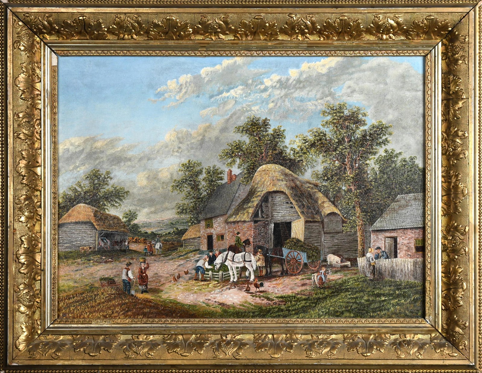 19TH C. OIL BY CIVIL WAR SOLDIER, FARMYARD SCENE.: A 19th C. oil on canvas, country farmyard scene with animals and figures. Unsigned, purportedly by Civil War soldier J. Cling. Image 16” x 22”, Frame 21.5” x 28”. Provenance: