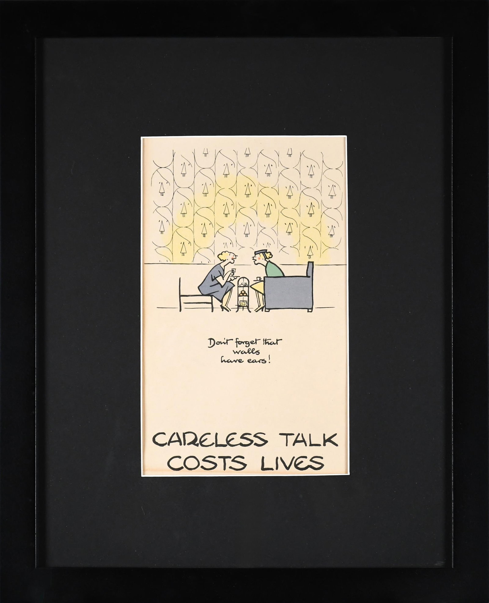 WWII PROPAGANDA LITHOGRAPH.: A WWII UK propaganda lithograph', ‘Careless Talk Costs Lives. Image 11” x 6.5”, Frame 20” x 16”.
