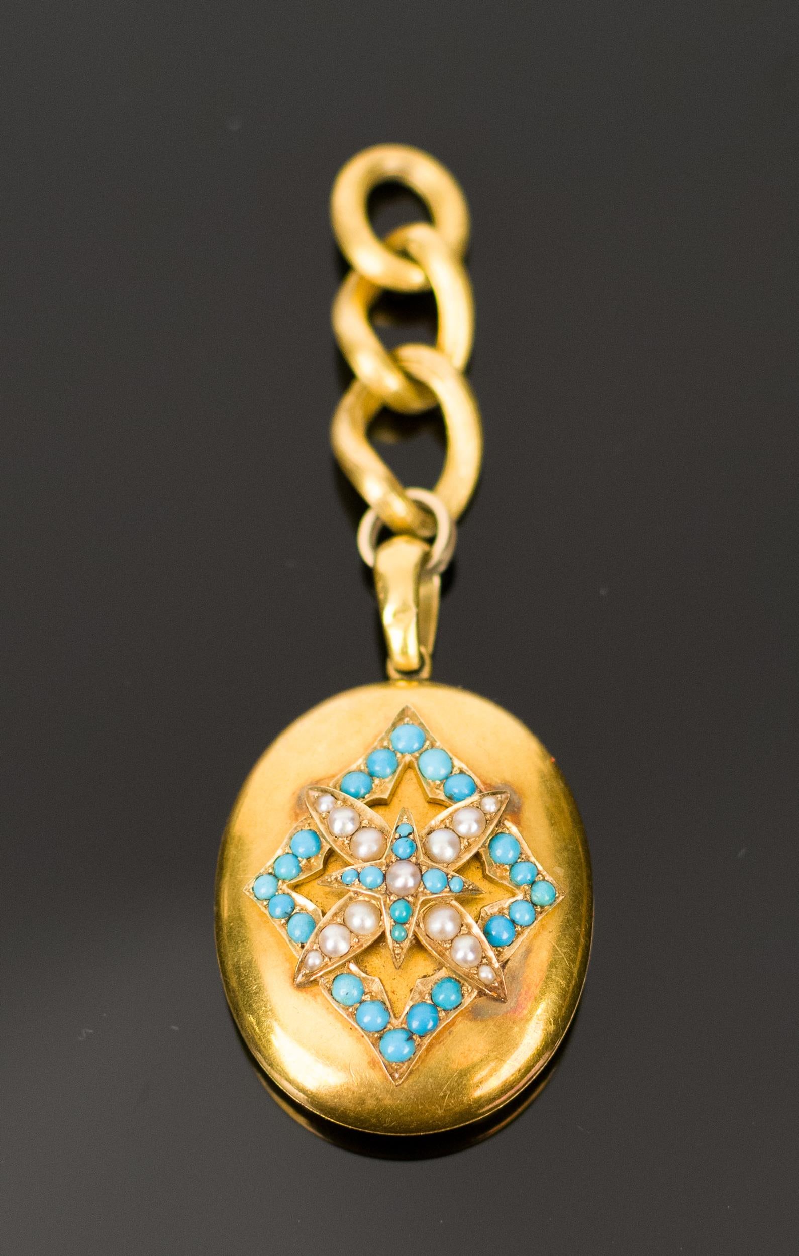 VICTORIAN 14K GOLD TURQUOISE & PEARL LOCKET.: A Victorian, 14k yellow gold (tested), turquoise and half pearl locket with chain attached to oversized bail, 2 1/8 inches long, 26.2 grams.