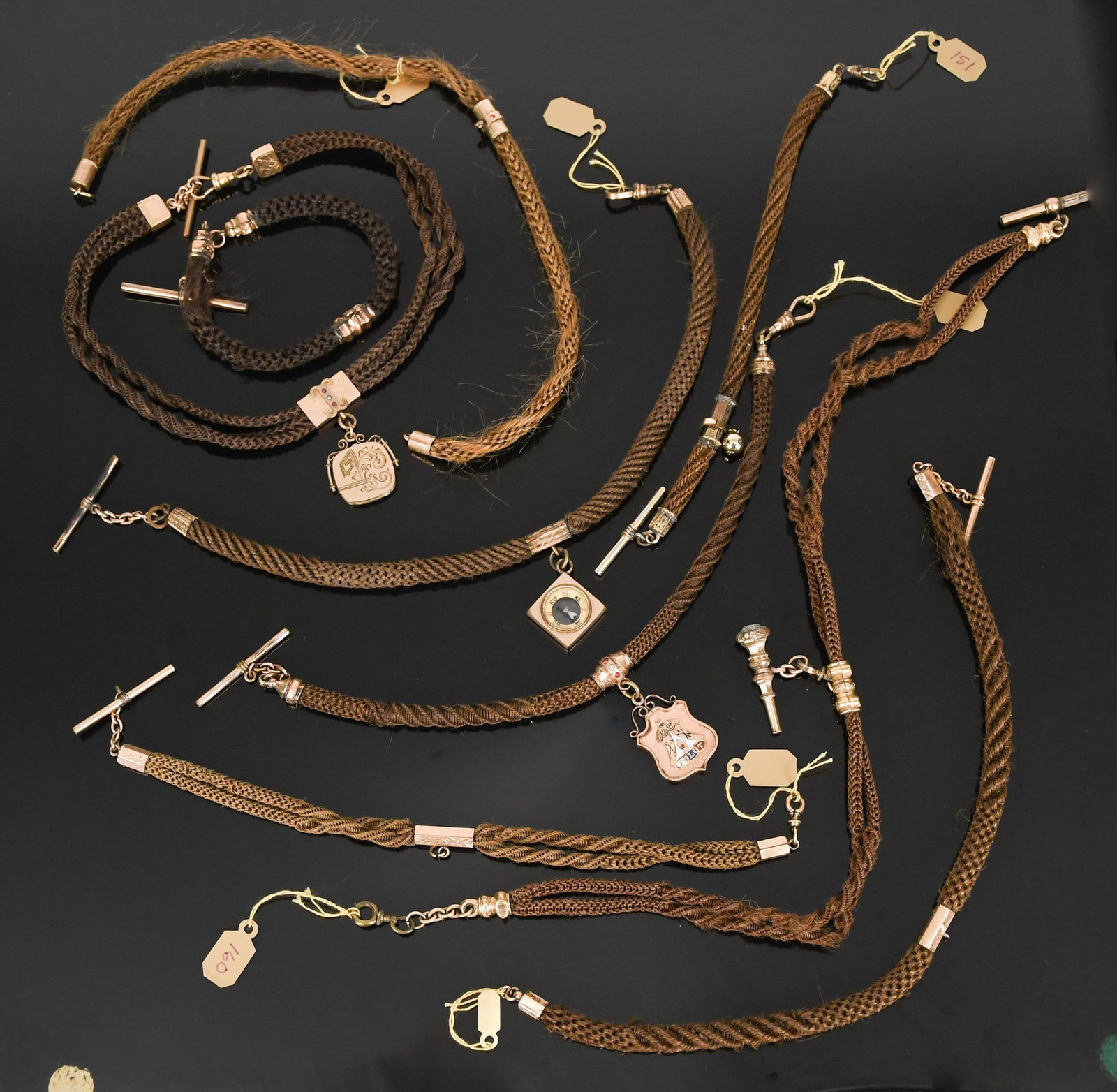 VICTORIAN GOLD & GOLD-FILLED HAIRWORK JEWELRY.: A fine group of mid 19th C., 10k-14k yellow gold and gold-filled, sentimental hairwork, jewelry:dark hair necklace w/ blond cross pendant, 18”L, approx. 2”L cross, gold-filled clasp, very 