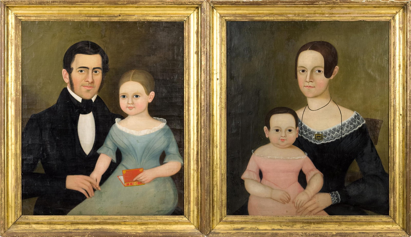 CHOICE NEW ENGLAND PORTRAIT PAINTINGS CA 1830.: Fine pair of New England family portrait paintings, man with boy in a blue dress holding a book and a woman holding a child in a pink dress, in period frames and in appealing untouched condition.