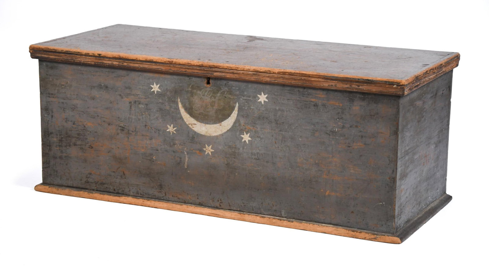 19TH C. PAINTED MOON AND STARS BLANKET BOX.: One of a kind, ca. 1800 New England grey painted blanket box with white painted moon and stars. A strap hinged lift top interior with a till that has a unique carved lid, six board dovetailed case