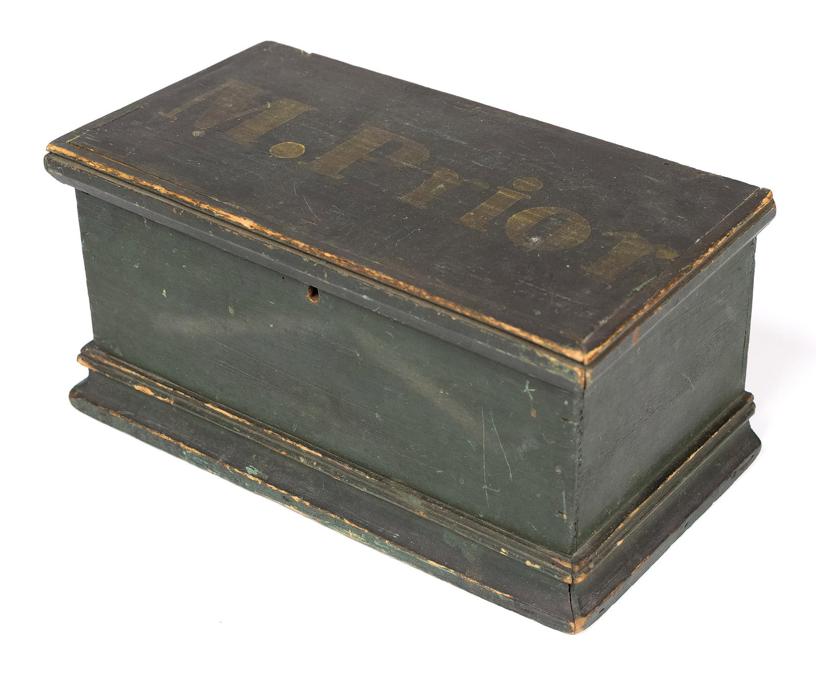 19TH C. NEW ENGLAND PAINTED PINE BOX, M. PRIOR.: An early 19th C. New England green painted lift top box, the hinged top decorated in yellow paint, 'M. Prior', interior with a till, case with square head nailed construction, and an applied molded ba