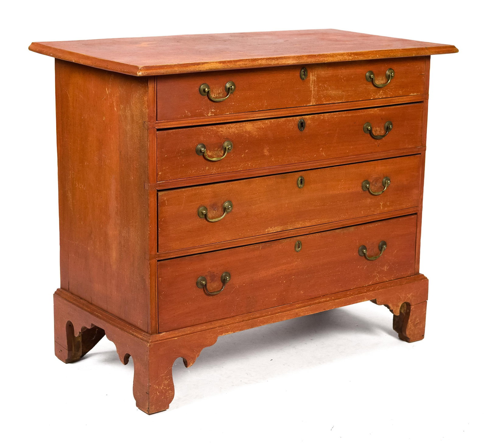 18TH C. CHIPPENDALE MAPLE RED PAINTED CHEST.: A ca. 1780 Chippendale New England maple chest in original red paint. A molded top with good overhang, over four graduated drawers, beaded molding on case, on original bracket base, 33.5”H x