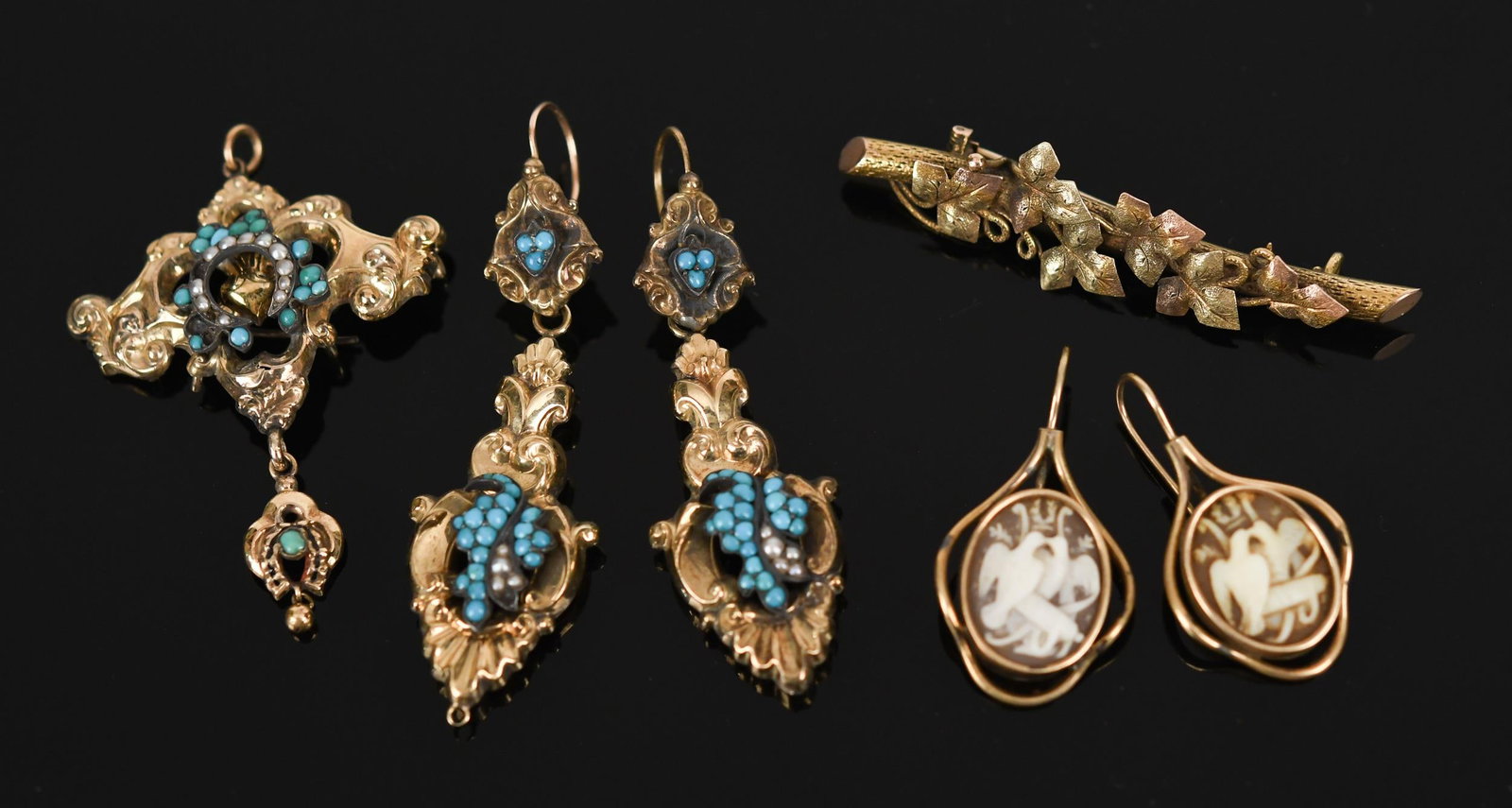 VICTORIAN 14K GOLD EARRINGS & PINS.: Four pieces of Victorian, 14k yellow gold (tested), earrings (2 pair) & pins (2), including: hollowform, repousse, dangle earrings w/ turquoise and pearls, 2 3/8 inches long, with matching