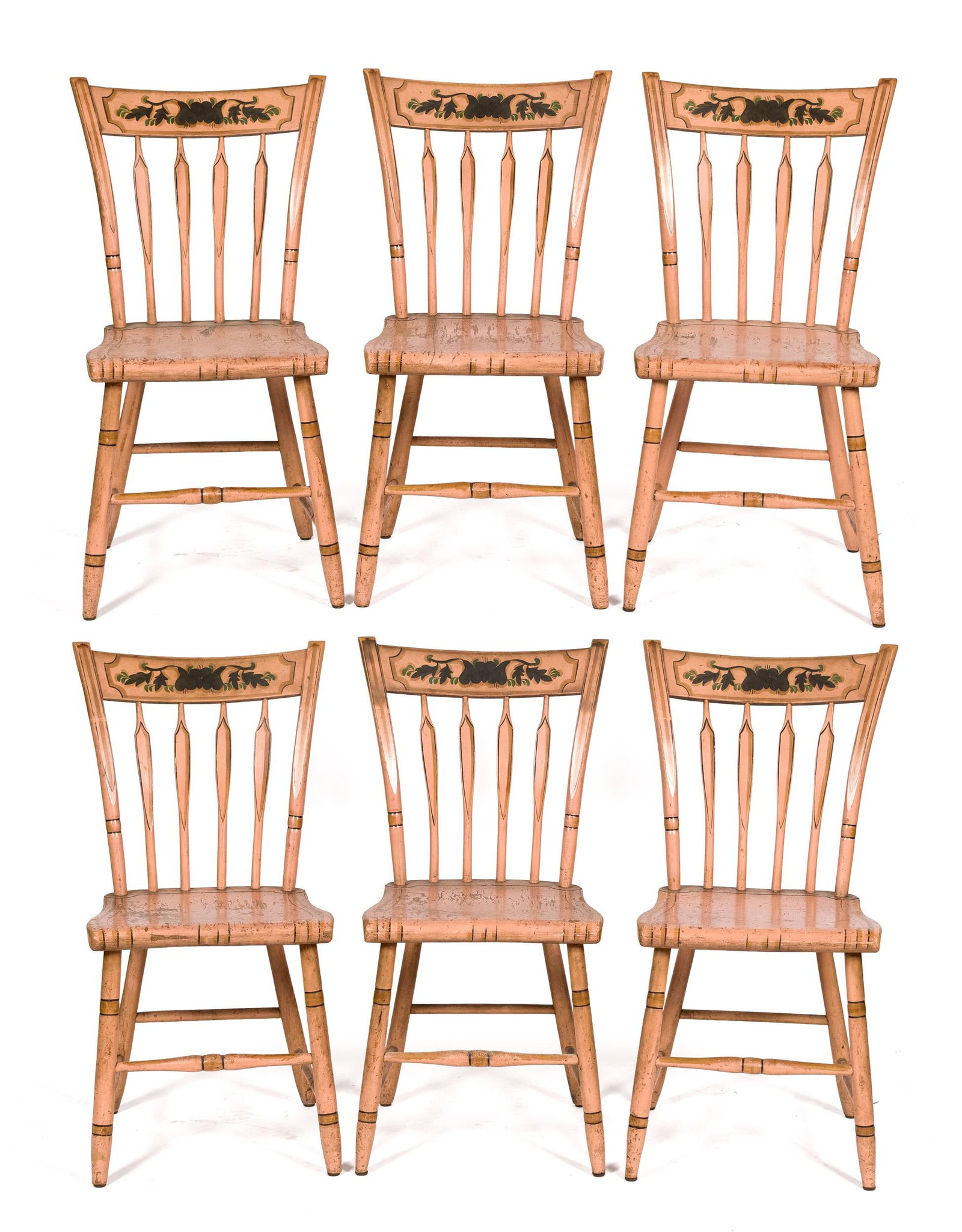 19TH C. PA PAINT DECORATED ARROW BACK CHAIRS.: A set of six ca. 1830 PA polychrome paint decorated arrow back chairs, salmon paint with black, green and gold fruit painted crest, 35”H x 16”W x 18” seat H. Provenance: from the lif