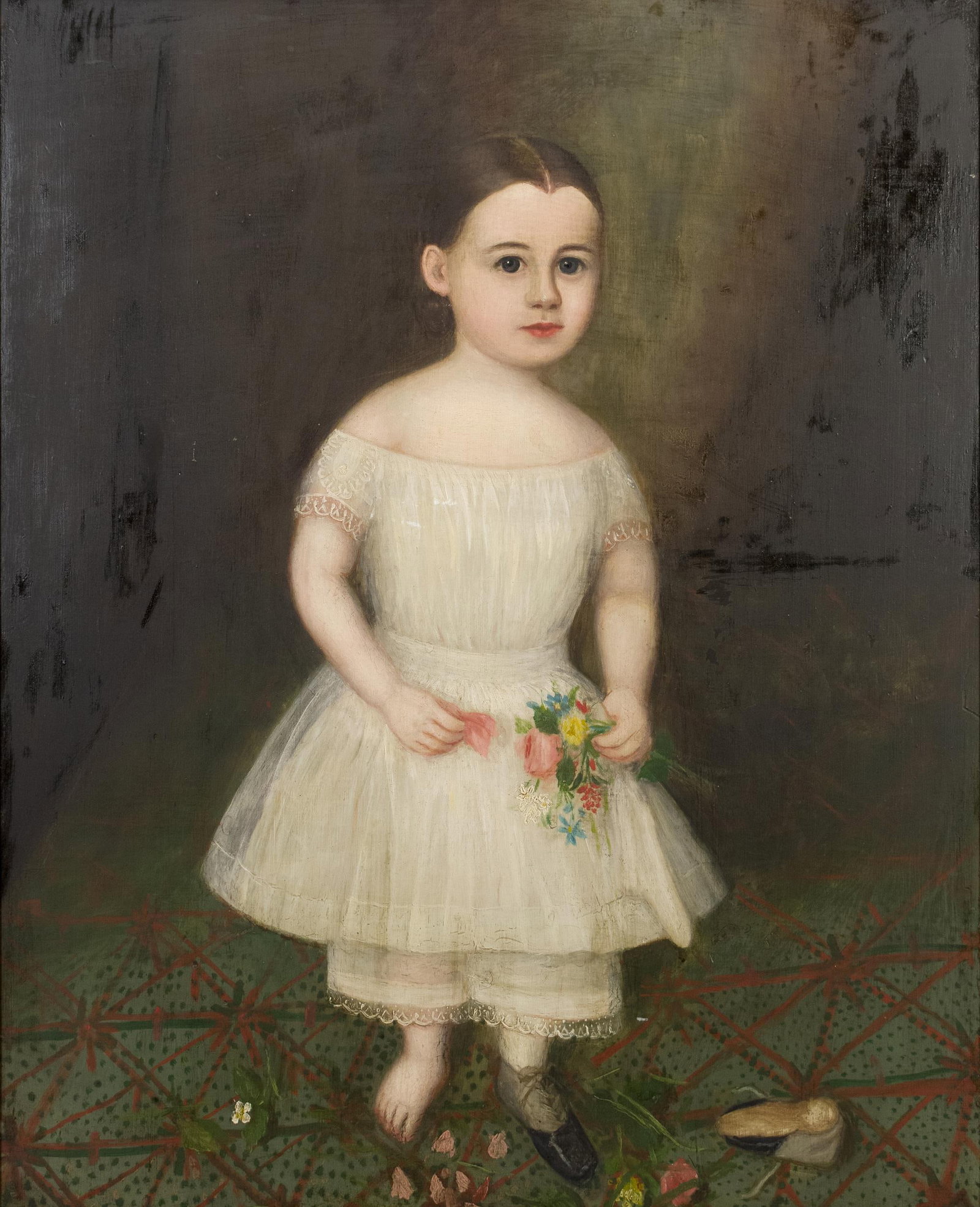 FINE AMERICAN FOLK PORTRAIT ON PANEL, CA 1830.: An early 19th C. oil on pine wood panel ( single board) of a child in white dress with one shoe off holding flowers on a colorful carpet, unsigned, very well done, panel 36” x 29”, Frame 4